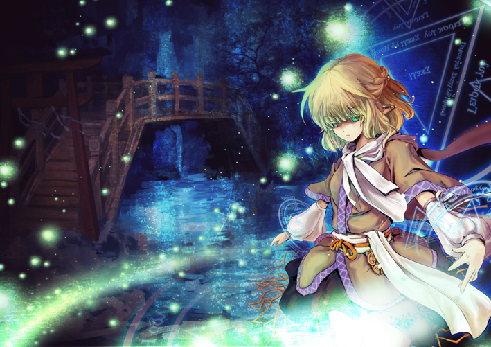 sherrybt, mizuhashi parsee, touhou, bad id, bad pixiv id, 1girl, arm warmers, arms at sides, blonde hair, braid, bridge, colored eyelashes, expressionless, female focus, green eyes, half up braid, magic circle, pointy ears, scarf, short hair, solo, water