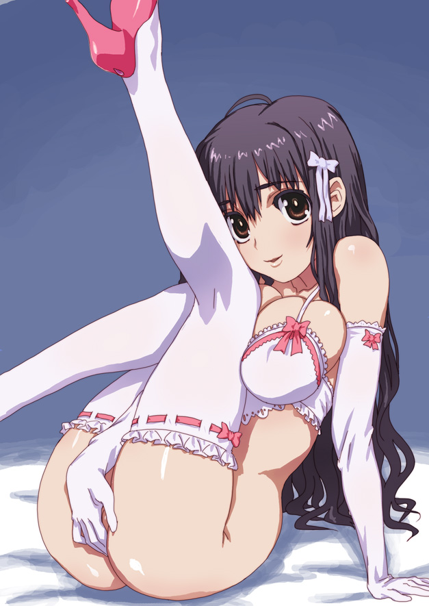 hirose (mokiki), original, 1girl, arm support, bare shoulders, bed, breasts, brown eyes, covering crotch, covering privates, elbow gloves, female focus, fingering, gloves, high heels, knees to chest, large breasts, lingerie, long hair, no panties, purple hair, shoes, solo, thighhighs, uncensored, underwear, white gloves, white thighhighs
