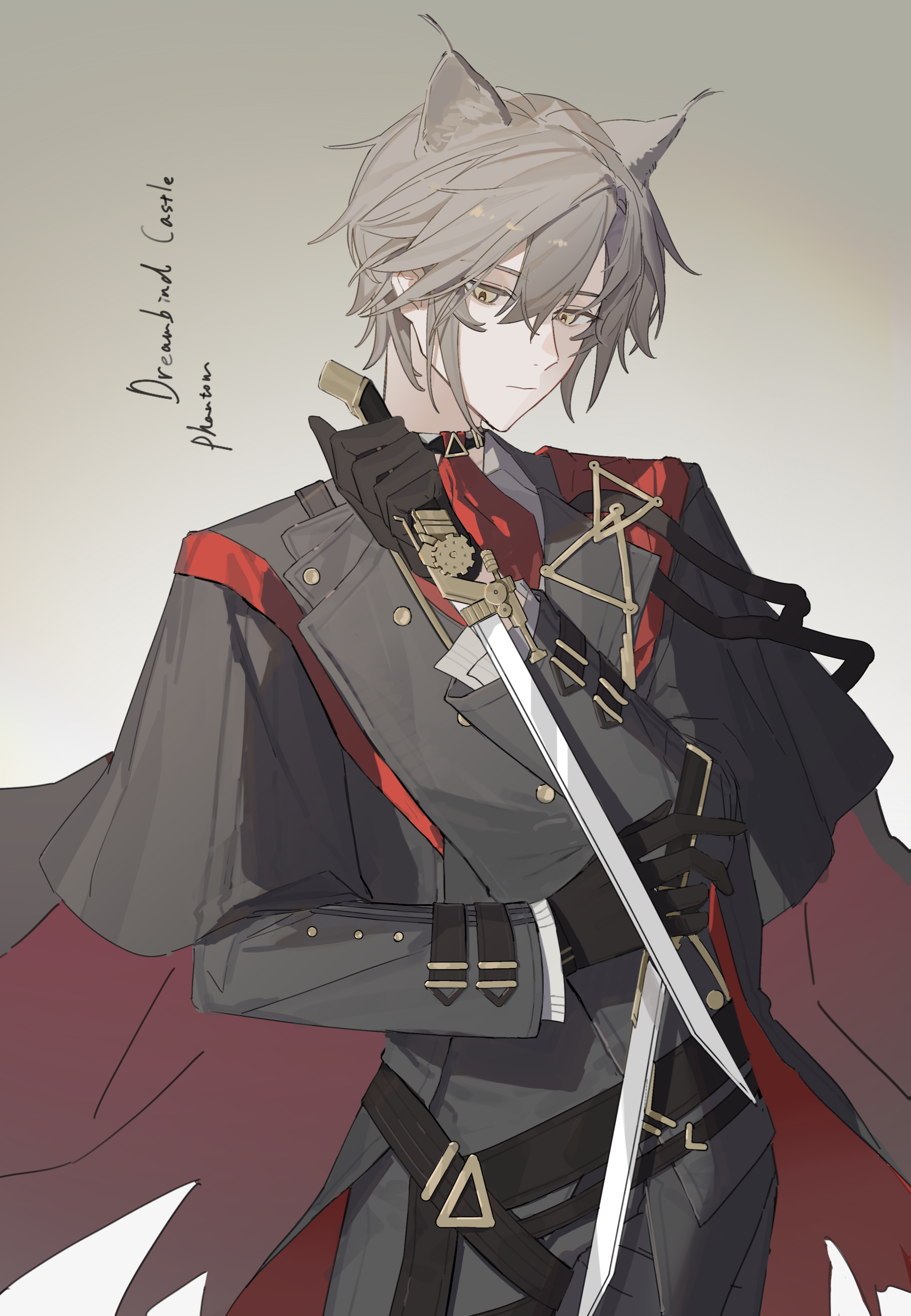 phantom (arknights), phantom (dream within a dreammare) (arknights), arknights, absurdres, chinese commentary, commentary request, highres, 1boy, 27 (a274341503), animal ears, black gloves, black jacket, brown hair, cat boy, cat ears, character name, closed mouth, cowboy shot, dual wielding, expressionless, formal clothes, gloves, gradient background, grey background, hair between eyes, holding, holding sword, holding weapon, jacket, long sleeves, looking at viewer, male focus, necktie, red necktie, short hair, simple background, solo, suit, sword, weapon, yellow eyes