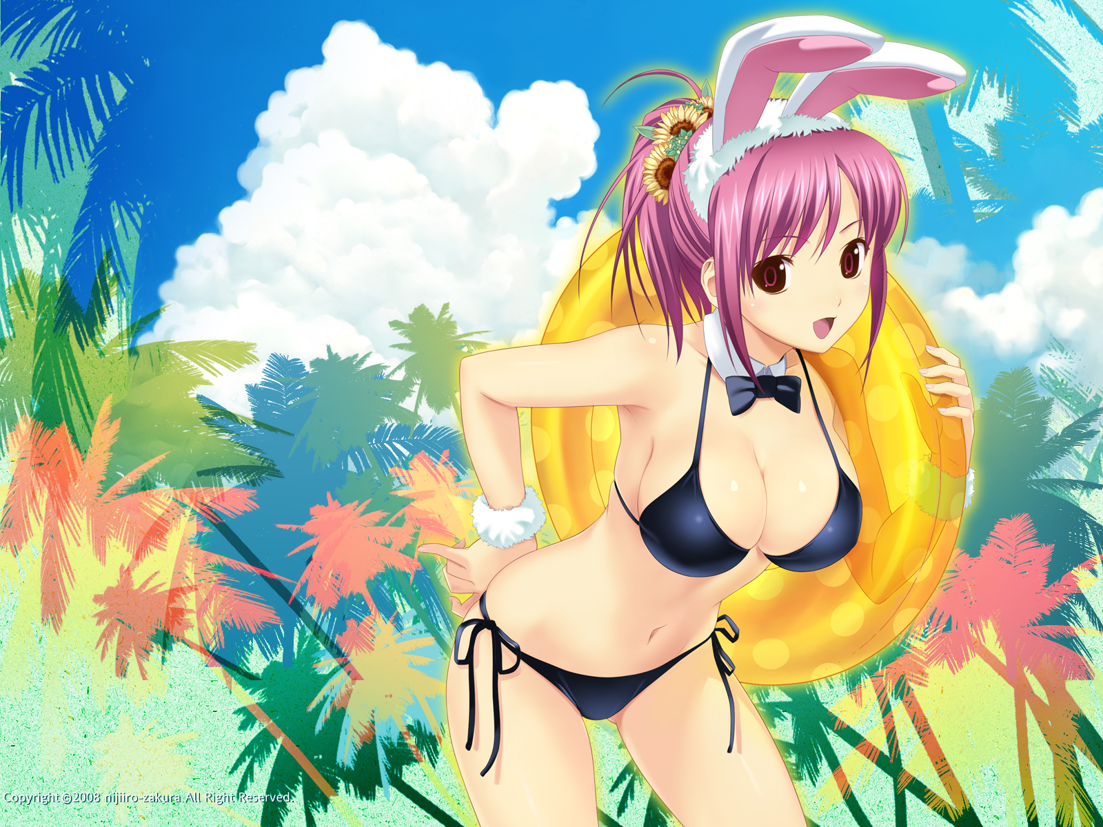 koutaro, hinata hanabi, tropical kiss, highres, official art, 10s, 1girl, animal ears, bikini, black bikini, bow, bowtie, breasts, brown eyes, cleavage, cloud, collar, day, detached collar, female focus, flower, innertube, large breasts, pink hair, ponytail, purple hair, rabbit ears, red eyes, red hair, side-tie bikini bottom, sky, solo, swim ring, swimsuit, tree, wristband