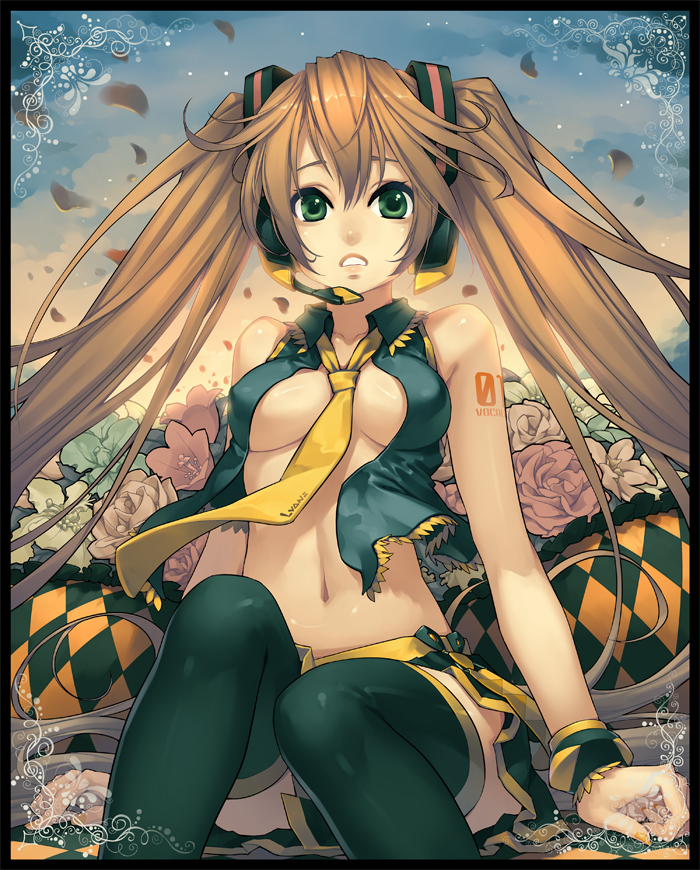 lvans, akita neru, hatsune miku, vocaloid, argyle, 1girl, bare shoulders, between breasts, black thighhighs, border, breasts, brown hair, cosplay, female focus, flower, fusion, green eyes, headset, long hair, midriff, nail polish, navel, necktie, no bra, open clothes, open shirt, orange nails, pleated skirt, shirt, sitting, skirt, solo, thighhighs, twintails, underboob, wind, wristband, yellow necktie