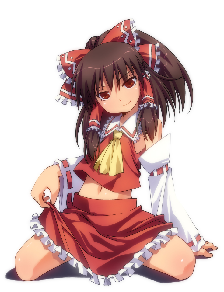 umekichi, hakurei reimu, touhou, bad id, bad pixiv id, 1girl, arm support, bow, brown hair, clothes lift, detached sleeves, female focus, hair bow, head tilt, japanese clothes, kneeling, large bow, miko, naughty face, navel, red eyes, seductive smile, short hair, sitting, skirt, skirt lift, smile, smirk, solo, spread legs, teasing