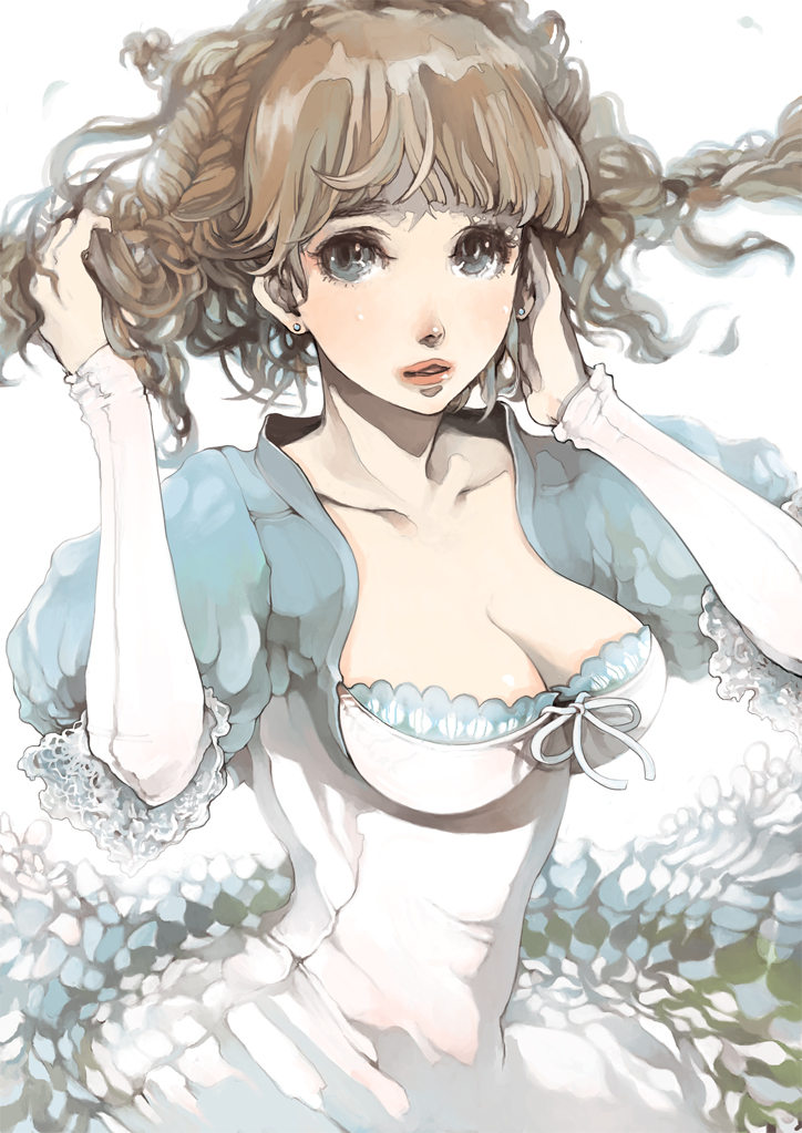 isuzu (uzushi), original, 1girl, :o, adjusting hair, blue eyes, breasts, brown hair, cleavage, earrings, female focus, jewelry, lips, solo, wind