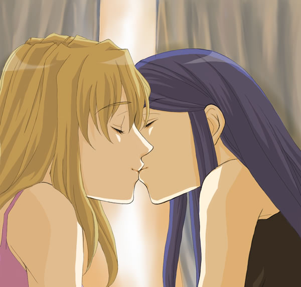 mico3, fujino shizuru, kuga natsuki, my-hime, 00s, 2girls, bare shoulders, blonde hair, blue hair, closed eyes, couple, curtains, female focus, from side, kiss, light smile, multiple girls, profile, yuri
