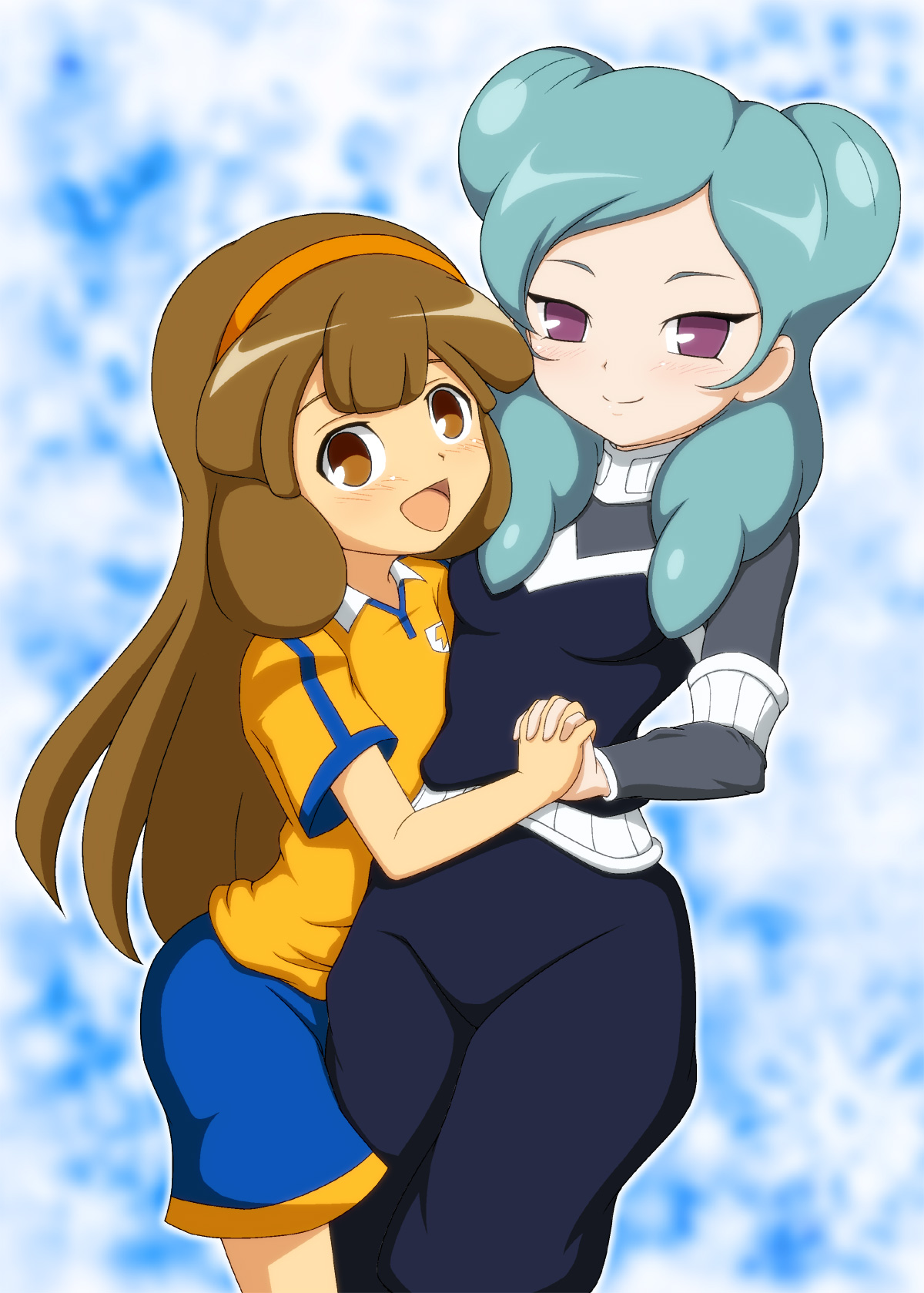 takappe, beta (inazuma eleven), inazuma eleven (series), inazuma eleven go, inazuma eleven go chrono stone, commentary, highres, 2girls, aqua hair, belt, black bodysuit, black border, blue background, blue shorts, blush, bodysuit, border, breasts, brown eyes, brown hair, closed mouth, collared shirt, double bun, hair bun, hairband, holding hands, long hair, looking at viewer, medium breasts, multiple girls, open mouth, orange hairband, outline, protocol omega, purple eyes, raimon, raimon soccer uniform, shirt, shorts, smile, soccer uniform, sportswear, white belt, white outline, yellow shirt