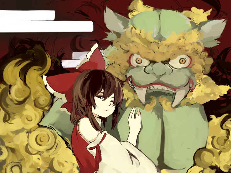 sigeyama, hakurei reimu, touhou, bad id, bad pixiv id, 1girl, black hair, bow, creature, detached sleeves, fangs, female focus, hair bow, japanese clothes, koma inu, komainu, looking back, miko, one eye closed, red eyes, short hair, solo, teeth, upper body, wink