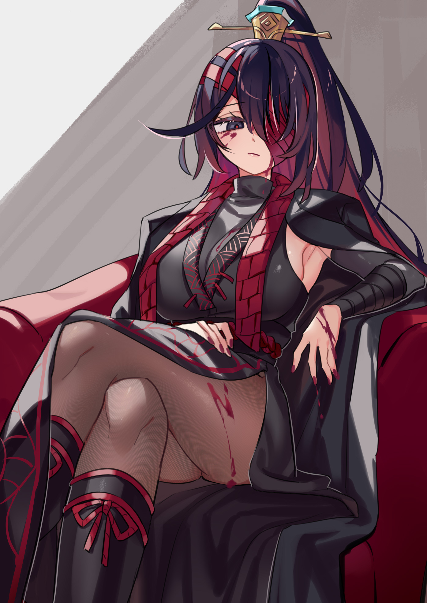 shiki (shikki46), hong lu (project moon), limbus company, project moon, highres, 1girl, black bandages, black boots, black coat, black dress, black hair, black shirt, blood, blood on face, boots, breasts, brown pantyhose, coat, coat on shoulders, crossed legs, dress, genderswap, genderswap (mtf), high ponytail, hongyuan (identity) (project moon), large breasts, long hair, looking at viewer, pantyhose, ponytail, red bandage, shirt, sitting, solo, undershirt, very long hair, wrist wrap