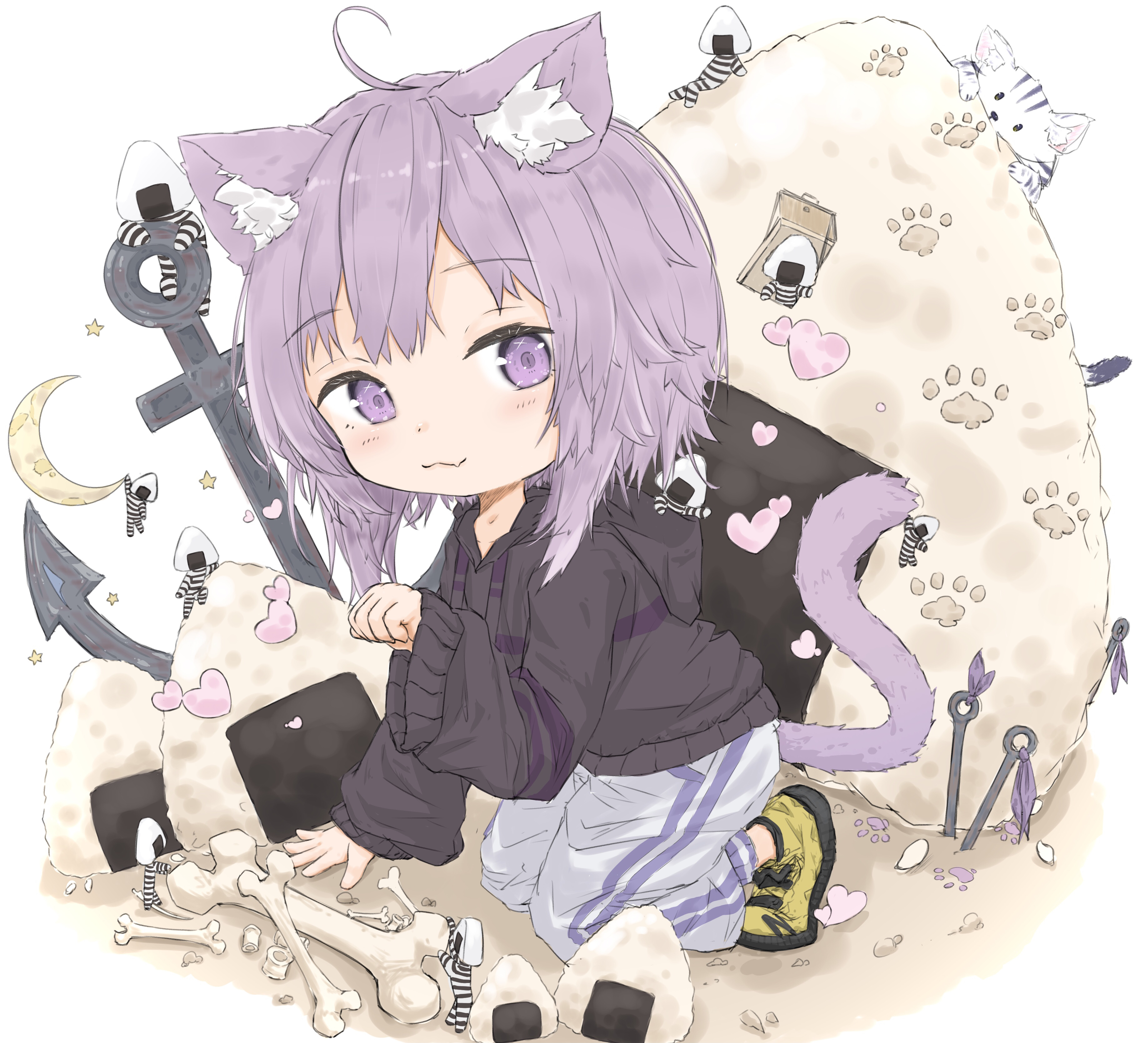 u da desu, nekomata okayu, nekomata okayu (1st costume), onigirya (nekomata okayu), hololive, absurdres, commentary request, highres, 1girl, :3, ahoge, animal ear fluff, animal ears, black hoodie, bone, cat ears, cat girl, cat tail, closed mouth, hood, hood down, hoodie, looking at viewer, medium hair, pants, paw pose, purple eyes, purple hair, shoes, smile, solo, tail, virtual youtuber, white pants, yellow shoes