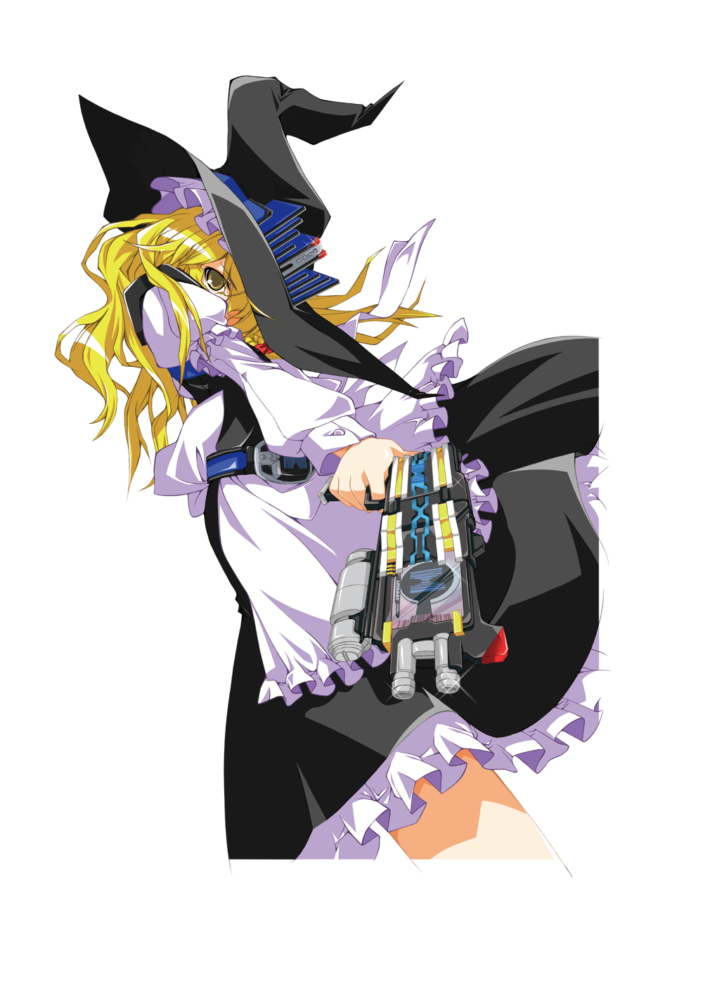 kagura takeshi, kamen rider diend, kirisame marisa, kamen rider, kamen rider dcd, touhou, highres, 1girl, blonde hair, dress, female focus, gun, hat, long hair, parody, solo, weapon, white background, witch, witch hat, yellow eyes
