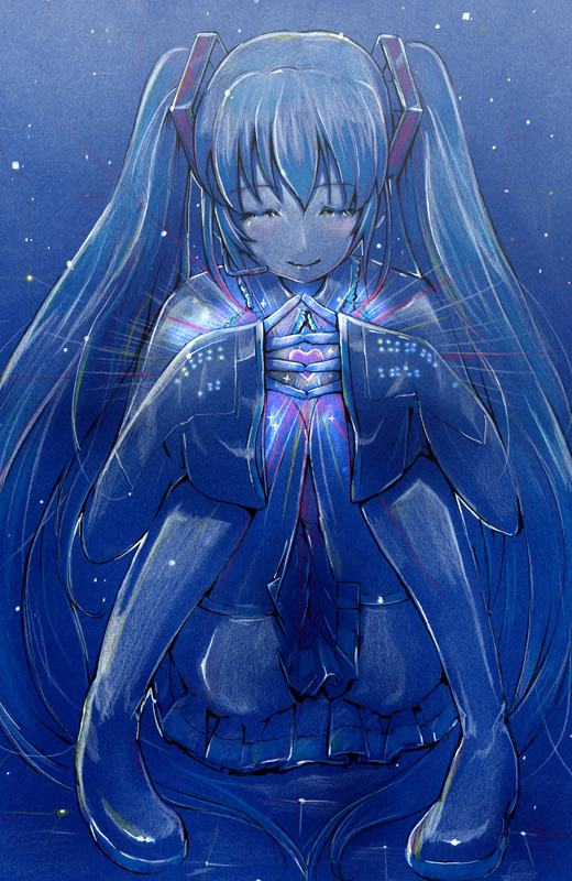 mayo riyo, hatsune miku, vocaloid, bad id, bad pixiv id, 1girl, blue theme, boots, closed eyes, female focus, headset, heart, hugging own legs, long hair, necktie, skirt, smile, solo, thigh boots, thighhighs, twintails, zettai ryouiki