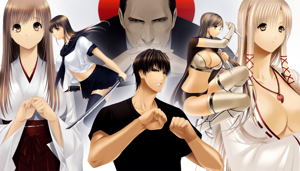 as (artist), akiori hazuki, kagura mirei, kusanagi yuya, mikoto (kamikaze), sanakami masahito, suou hisumi, kamikaze (as), original, 4girls, black hair, black thighhighs, blonde hair, bow, breasts, bridal gauntlets, brown eyes, brown hair, cape, cleavage, clenched hand, clenched hands, dagger, dual wielding, elbow gloves, gendou pose, gloves, hakama, hakama skirt, hands clasped, holding, japanese clothes, jewelry, katana, kimono, knife, kunai, large breasts, long hair, magatama, midriff, miko, multiple girls, necklace, own hands clasped, own hands together, pleated skirt, sandals, scar, school uniform, serafuku, short hair, skirt, sword, thighhighs, weapon, white thighhighs, zettai ryouiki