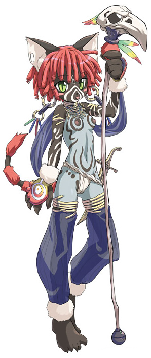 koume keito, nacha leavy muses, cannonball ~neko neko machine mou-race!~, liarsoft, blade, official art, 1girl, animal ears, barefoot, bodypaint, breasts, cat ears, cat tail, dark-skinned female, dark skin, dreadlocks, earrings, feet, female focus, furry, furry female, green eyes, jewelry, nipples, red hair, see-through clothes, skull, small breasts, solo, staff, tail, toes, topless female, tribal