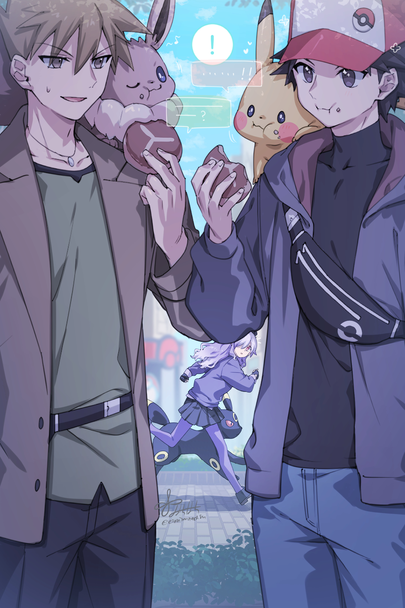88 (einnimnech), blue oak, eevee, pikachu, red (pokemon), umbreon, nintendo, original, pokemon, pokemon legends: z-a, commentary request, highres, 1girl, 2boys, baseball cap, black gloves, black pants, black shirt, black skirt, blue pants, brown eyes, brown fur, brown hair, brown jacket, closed mouth, colored sclera, eating, fanny pack, food, gen 1 pokemon, gen 2 pokemon, gloves, green shirt, hat, holding, holding food, jacket, long hair, long sleeves, multiple boys, on shoulder, one eye closed, open clothes, open jacket, open mouth, pants, pantyhose, pokemon (creature), pokemon on shoulder, purple hair, purple jacket, purple pantyhose, purple sweater, red hat, red sclera, shirt, short hair, skirt, smile, speech bubble, spiked hair, sweatdrop, sweater