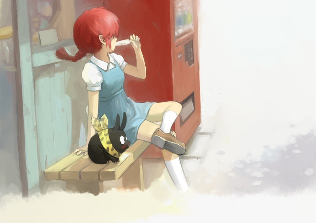 g tong, hibiki ryouga, p-chan, ranma-chan, saotome ranma, ranma 1/2, 1girl, bench, blush, braid, food, genderswap, genderswap (mtf), kneehighs, long hair, outdoors, pig, popsicle, red hair, school uniform, shoes, single braid, slice of life, socks, vending machine, white socks