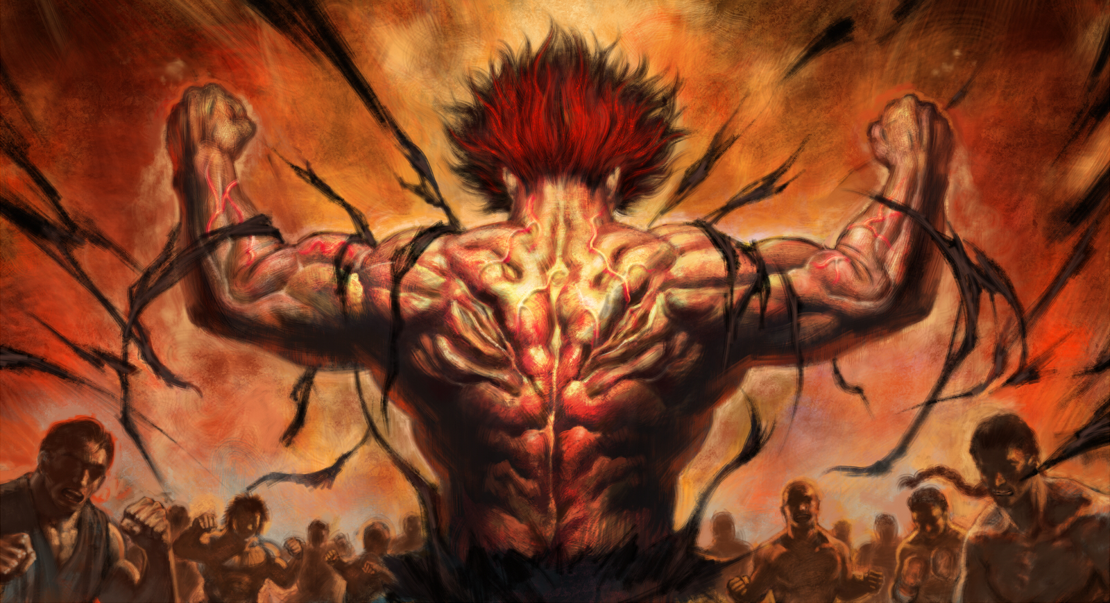 diolemonde, hanma yujiro, grappler baki, highres, 6+boys, aura, back, battle, epic, male focus, manly, multiple boys, muscular, red hair, solo focus, veins