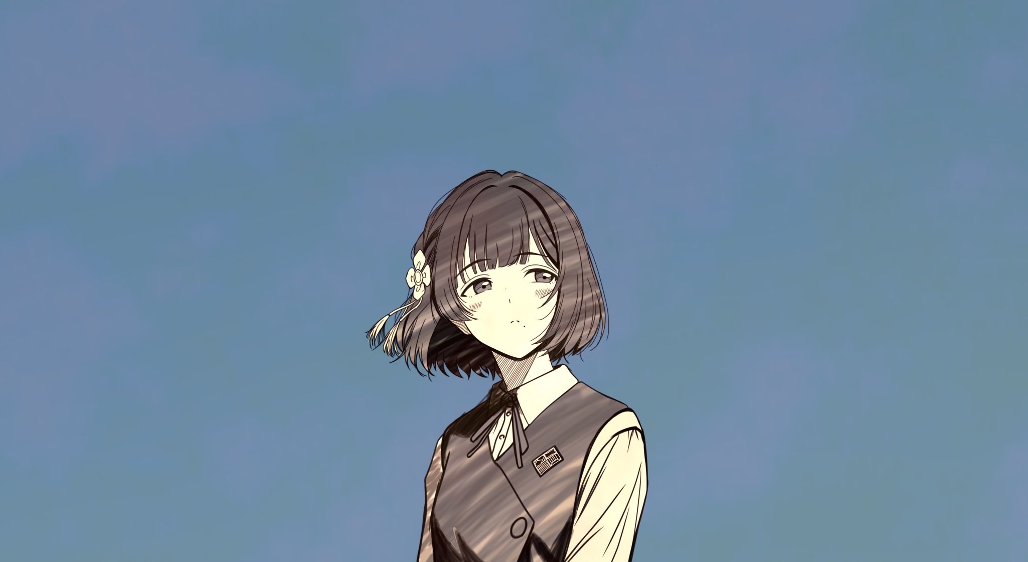 rrogtion, hataya misuzu, gakuen idolmaster, idolmaster, commentary request, highres, 1girl, blush, dress shirt, flower, greyscale with colored background, hair flower, hair ornament, hatsuboshi gakuen school uniform, mole, mole under mouth, neck ribbon, ribbon, school uniform, shirt, short hair, sideways glance, solo, upper body, vest