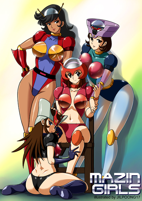 jilpoong17, aphrodai a, aphrodite a, diana a, dianan a, honoo jun, makiba hikaru, maria grace fleed, minerva x, venus a, yumi sayaka, great mazinger, mazinger (series), mazinger angels, mazinger z, ufo robo grendizer, vehicle, 1970s (style), 4girls, ass, back, breasts, collar, cosplay, hand on own hip, hip focus, large breasts, leaning forward, leotard, looking back, mecha, mecha musume, multiple girls, oldschool, retro artstyle, robot, sitting, super robot