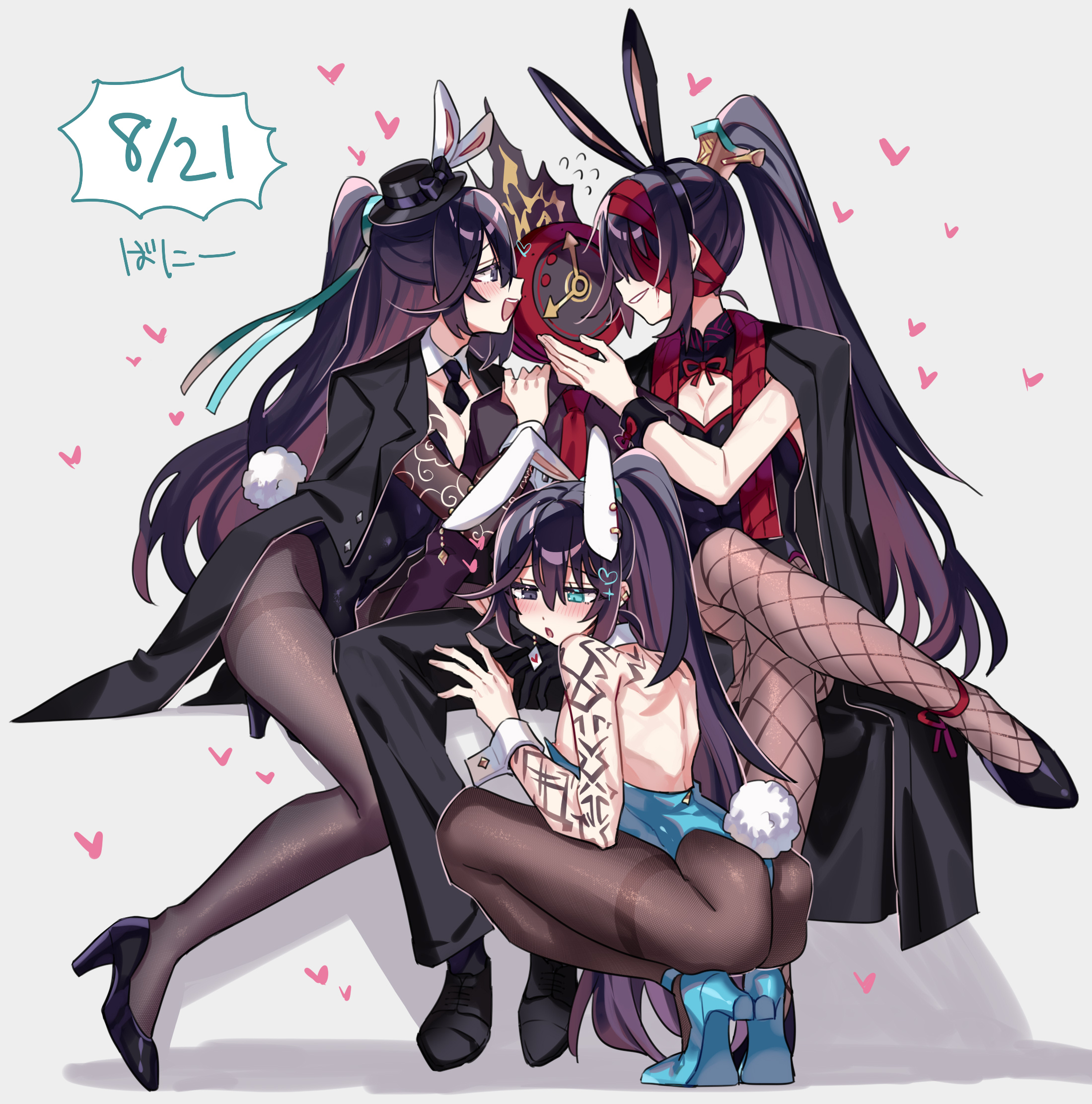 shiki (shikki46), dante (limbus company), hong lu (project moon), limbus company, project moon, commentary request, highres, 1other, 3boys, animal ears, aqua eyes, black eyes, black hair, black hat, black leotard, blue leotard, blue shoes, brown pantyhose, bulge, earrings, half updo, hat, heart, heterochromia, high ponytail, hongyuan (identity) (project moon), jewelry, kurokumo clan (identity) (project moon), leotard, long hair, male playboy bunny, multiple boys, open mouth, pantyhose, pectoral cleavage, pectorals, ponytail, rabbit ears, shoes, smile, tingtang gang (identity) (project moon), very long hair