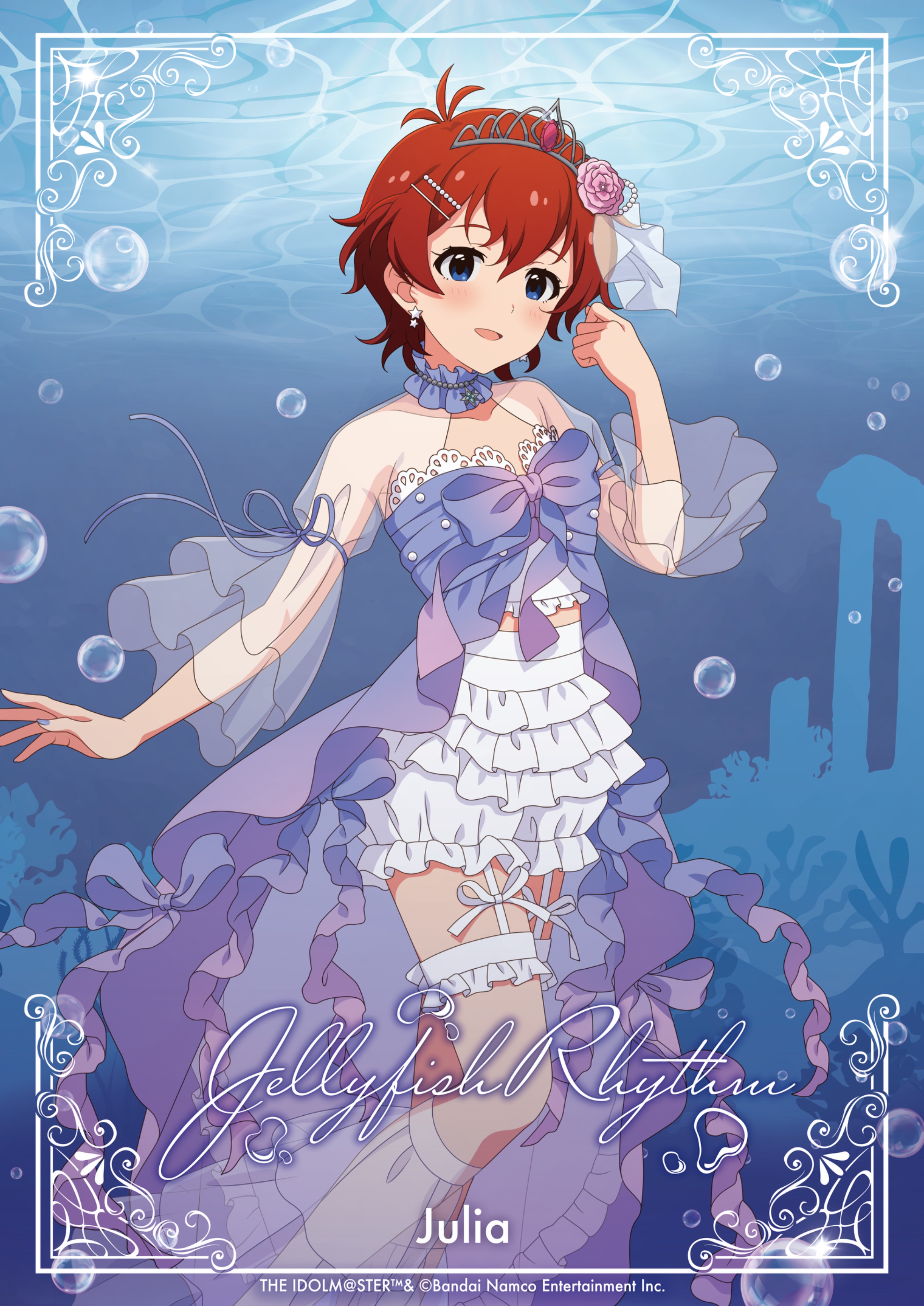 julia (idolmaster), idolmaster, idolmaster million live!, idolmaster million live! theater days, absurdres, commentary request, highres, official art, second-party source, 1girl, air bubble, blue eyes, blush, bubble, character name, choker, company name, copyright name, copyright notice, earrings, flower, frilled choker, frilled shorts, frills, hair flower, hair ornament, hairclip, jewelry, looking at viewer, pink flower, pink rose, red hair, rose, short hair, shorts, solo, standing, star (symbol), star earrings, tiara, underwater, white shorts