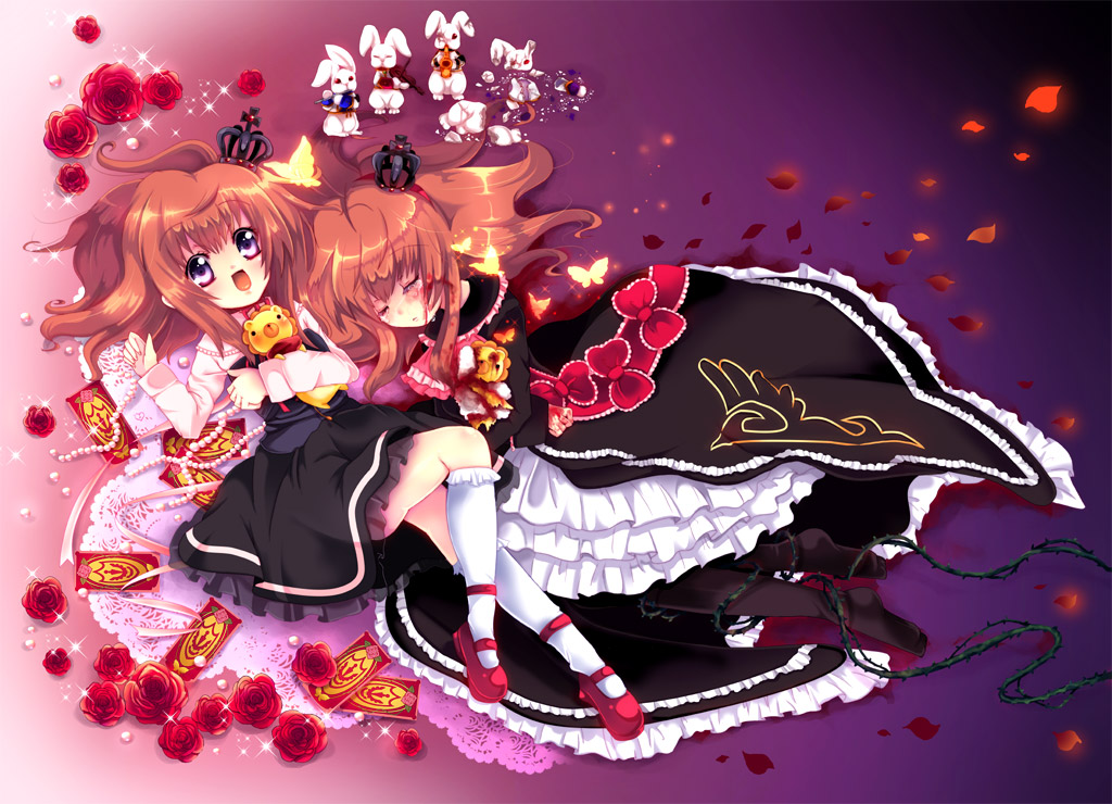 juugoya neko, maria (umineko), sakutarou (umineko), ushiromiya maria, umineko no naku koro ni, bad id, bad pixiv id, blood, bow, bug, butterfly, card, closed eyes, crown, dress, dual persona, feet, flower, frills, gem, insect, lace, orange hair, pearl (gemstone), petals, purple eyes, rabbit, ribbon, rose, sash, tears