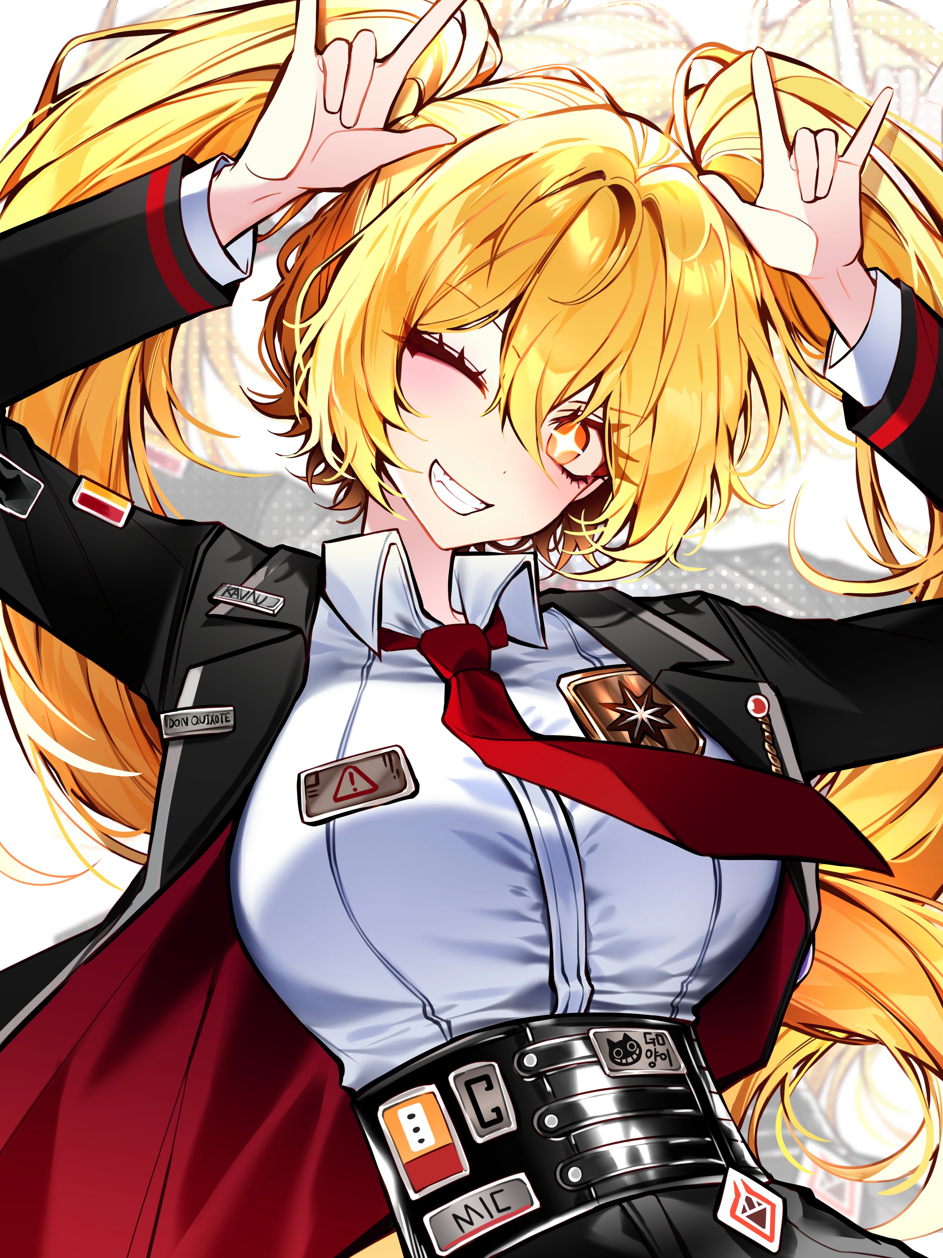 cherry oux, don quixote (project moon), limbus company, project moon, absurdres, highres, 1girl, m/, alternate hair length, alternate hairstyle, badge, black coat, black pants, blonde hair, breasts, coat, collared shirt, double m/, grin, high-waist pants, lapels, large breasts, long hair, necktie, notched lapels, one eye closed, pants, red necktie, shirt, smile, solo, sticker, twintails, white shirt, yellow eyes