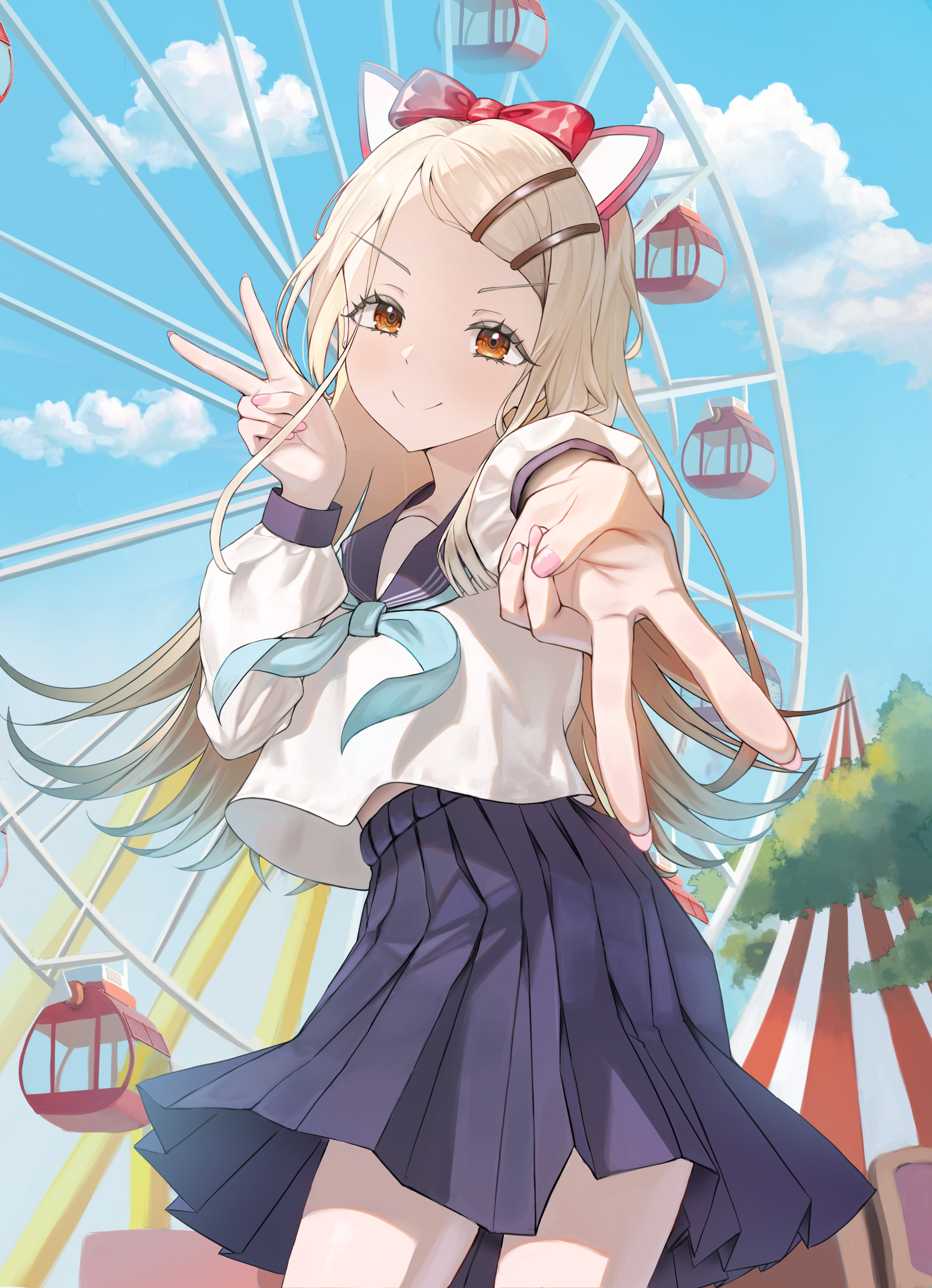 kinoko (alcyone1018), shinosawa hiro, gakuen idolmaster, idolmaster, absurdres, commentary, highres, korean commentary, 1girl, amusement park, animal ears, black skirt, blonde hair, blush, bow hairband, colored eyelashes, double v, fake animal ears, ferris wheel, fingernails, foreshortening, gyaru v, hairband, long hair, looking at viewer, orange eyes, outdoors, pleated skirt, school uniform, serafuku, shirt, skirt, skirt rolled up, smile, solo, thighs, v, very long hair, white shirt