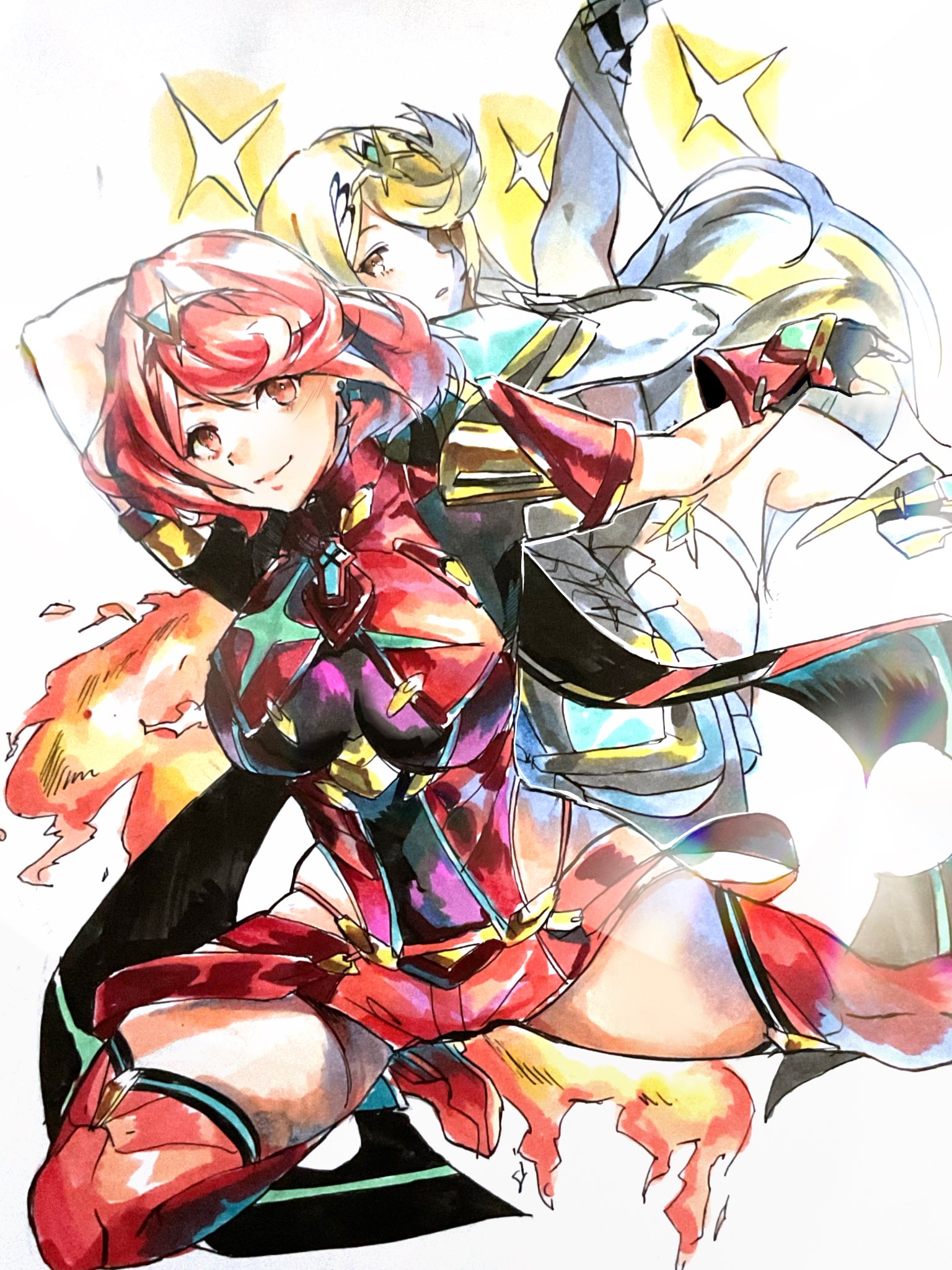 4me3ba niku, mythra (xenoblade), pyra (xenoblade), xenoblade chronicles (series), xenoblade chronicles 2, commentary request, highres, 2girls, blonde hair, breasts, chest jewel, denim, denim shorts, dress, fire, large breasts, long hair, microdress, multiple girls, parted lips, red eyes, red hair, red shorts, short hair, short shorts, shorts, smile, sparkle, tiara, white background, white dress, yellow eyes