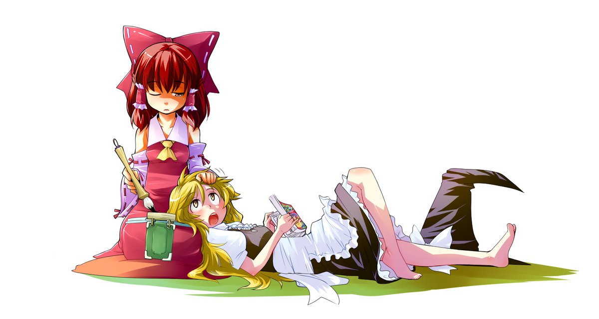 bilbil, hakurei reimu, kirisame marisa, touhou, 2girls, barefoot, blonde hair, blush, bow, braid, brown hair, detached sleeves, female focus, hair bow, hat, japanese clothes, long hair, miko, multiple girls, one eye closed, open mouth, red eyes, short hair, surprised, witch, witch hat, yellow eyes
