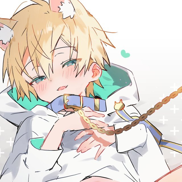 marui shiro, original, commentary request, 1boy, animal ear fluff, animal ears, belt collar, bishounen, blonde hair, blue collar, blush, bottomless, cat ears, chain, chain leash, collar, extra ears, fang, gold chain, green eyes, grey background, hair between eyes, hands on own chest, hands up, heart, hood, hood down, hoodie, leash, long sleeves, looking at viewer, lying, male focus, narrowed eyes, on back, open mouth, out-of-frame censoring, short hair, sidelocks, single sleeve past wrist, smile, solo, two-sided hoodie, upper body, white hoodie