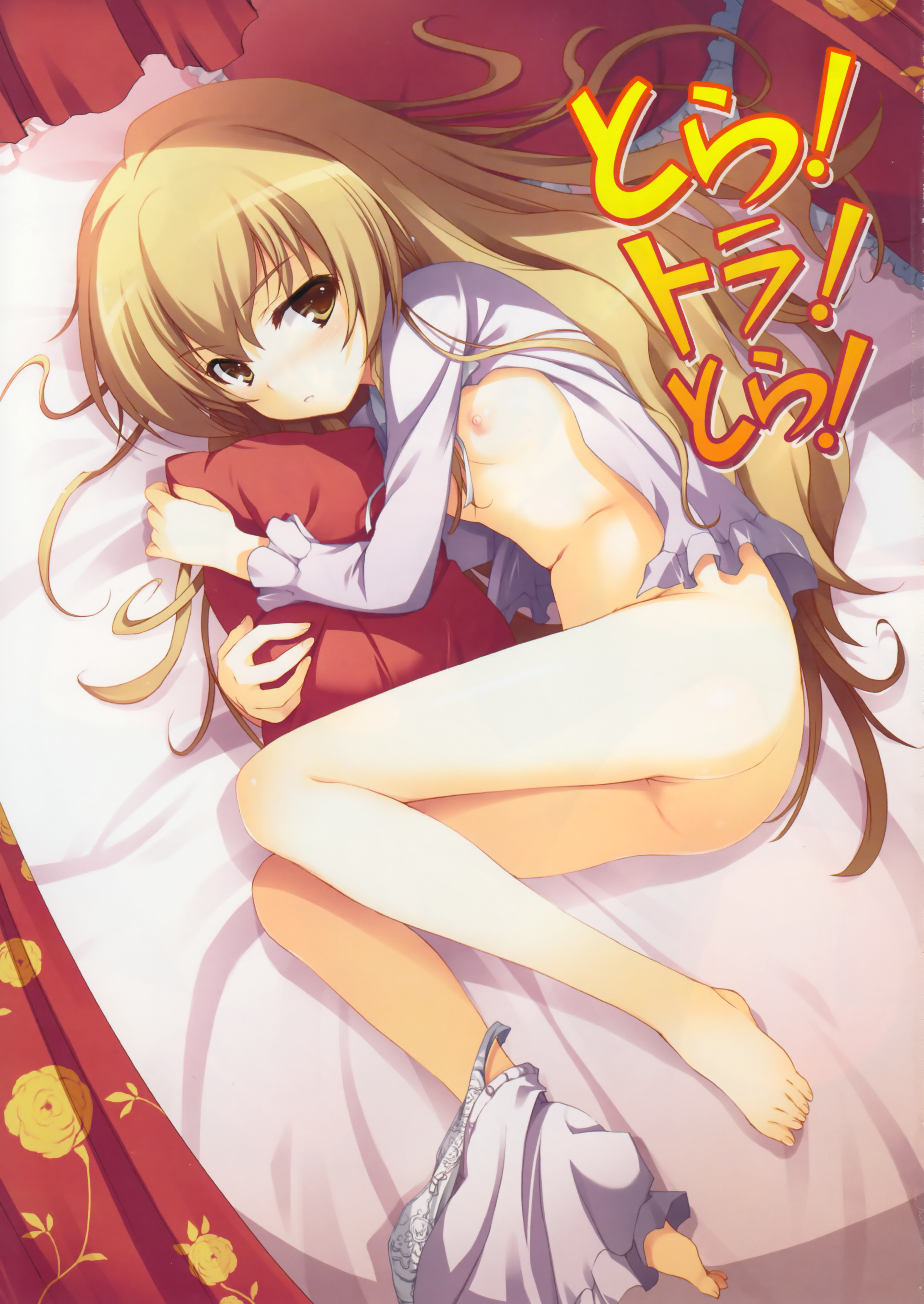 tomose shunsaku, aisaka taiga, toradora!, absurdres, highres, 1girl, ass, barefoot, bed, blush, bottomless, breasts, brown eyes, brown hair, feet, female focus, flat chest, hugging object, loli, long hair, lying, nipples, open clothes, open shirt, pajamas, panties, panties around leg, pillow, pillow hug, shirt, solo, uncensored, underwear