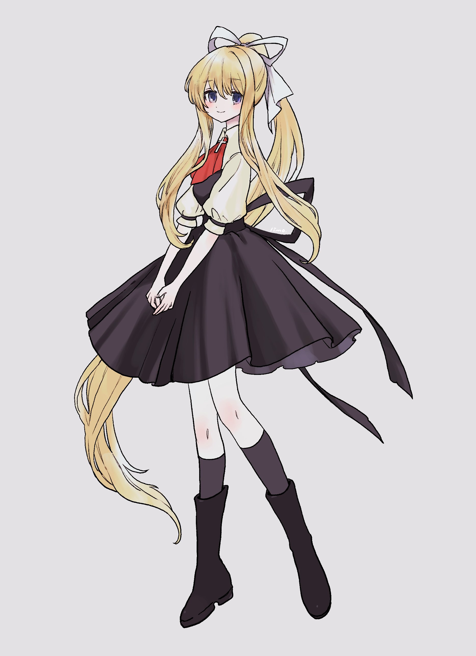 limo nine, kamio misuzu, air (visual novel), odaibako, absurdres, commentary request, highres, 1girl, ascot, back ribbon, black boots, black dress, black ribbon, black socks, blonde hair, blush, boots, closed mouth, collared shirt, cross, dress, fan request, full body, grey background, grey eyes, hair ribbon, high ponytail, kneehighs, latin cross, long hair, long sidelocks, looking at viewer, ponytail, puffy short sleeves, puffy sleeves, red ascot, ribbon, shirt, short sleeves, sidelocks, signature, smile, socks, solo, standing, v arms, very long hair, white ribbon, white shirt