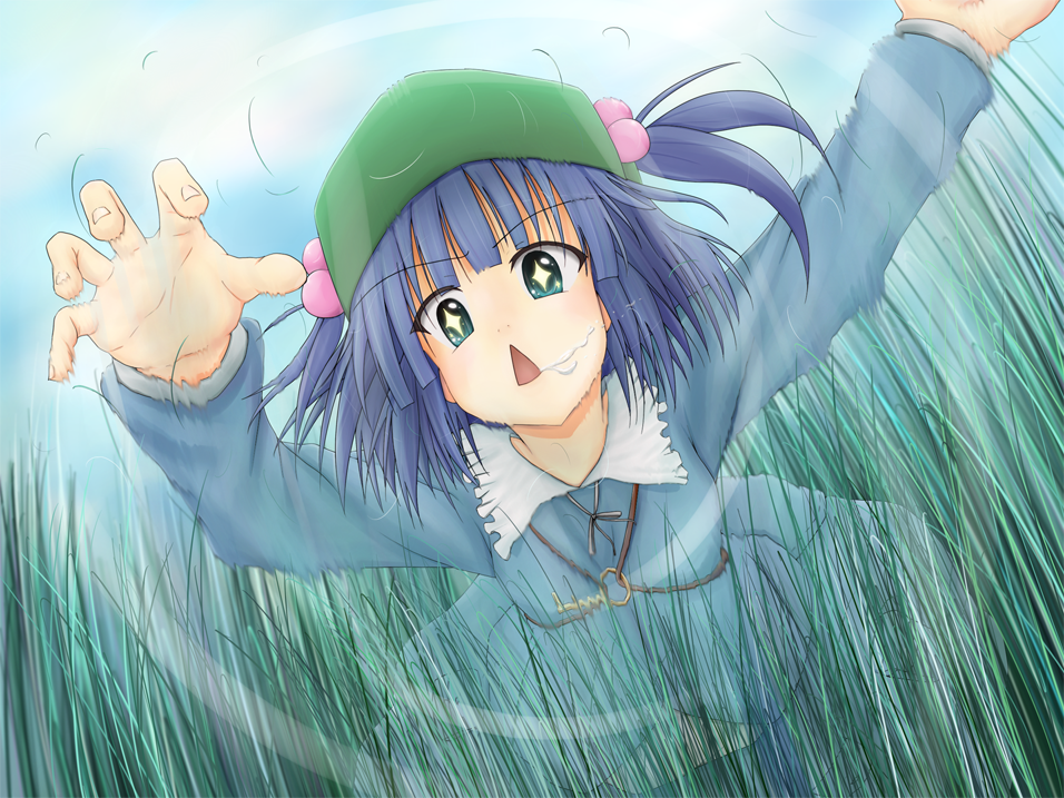 ogura sakiru, kawashiro nitori, touhou, bad id, bad pixiv id, + +, 1girl, blue eyes, blue hair, female focus, hair bobbles, hair ornament, hat, key, matching hair/eyes, nature, outdoors, short hair, sky, solo, twintails, two side up