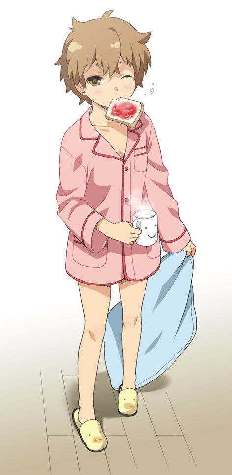 mattaku mousuke, original, long image, tall image, 1girl, animal slippers, bottomless, bread slice, brown eyes, brown hair, cup, female focus, food, food in mouth, full body, mouth hold, mug, one eye closed, pajamas, pillow, short hair, sleepy, slippers, solo, toast, toast in mouth, white background, wink