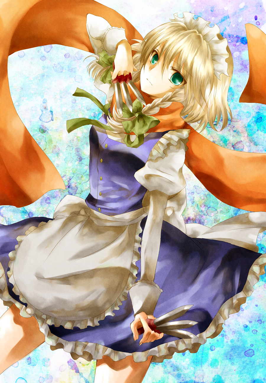 ayuko (ayuco), izayoi sakuya, perfect cherry blossom, touhou, silver hair, bad id, bad pixiv id, highres, 1girl, braid, female focus, knife, maid, scarf, short hair, solo, throwing knife, twin braids, weapon