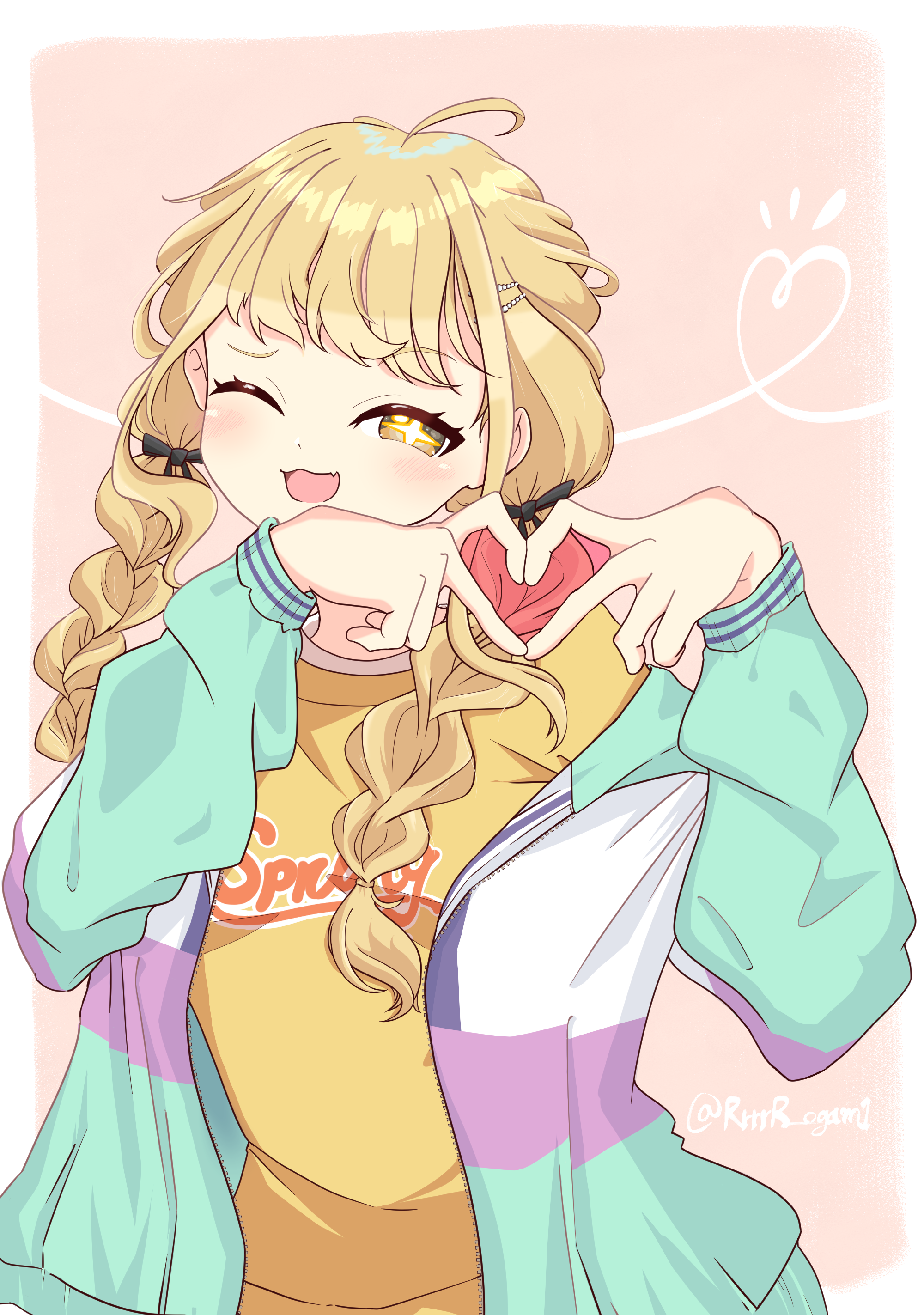 fujita kotone, gakuen idolmaster, idolmaster, absurdres, commentary request, highres, 1girl, ;d, ahoge, blonde hair, blush, braid, four-finger heart hands, heart, heart hands, jacket, long hair, long sleeves, multicolored jacket, noshang (tekd8475), one eye closed, open clothes, open jacket, open mouth, shirt, smile, solo, twin braids, twitter username, upper body, yellow eyes, yellow shirt