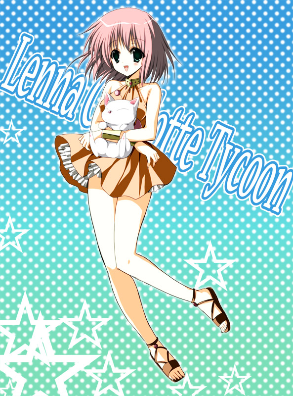 asou riku, lenna charlotte tycoon, moogle, final fantasy, final fantasy v, 1990s (style), 1girl, bare shoulders, blue eyes, choker, dress, female focus, full body, gradient background, open mouth, pink hair, retro artstyle, sandals, short hair, solo