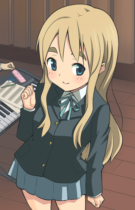hashi, kotobuki tsumugi, k-on!, 1girl, blazer, blonde hair, blue eyes, closed mouth, female focus, indoors, instrument, jacket, keyboard (instrument), long hair, school uniform, skirt, smile, solo