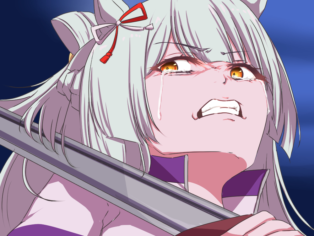 anikinoihai893, fujimasa march (umamusume), sousou no frieren, umamusume, umamusume: cinderella gray, commentary request, 1girl, animal ears, aura kill yourself (meme), bow, clenched teeth, crying, ear ribbon, folded hair, folded ponytail, grey hair, holding, holding sword, holding weapon, horse ears, horse girl, imminent suicide, jacket, kasamatsu tracen training uniform, long hair, long sleeves, meme, multicolored jacket, open mouth, parody, scene reference, solo, suicide, sword, tears, teeth, track jacket, weapon, yellow eyes