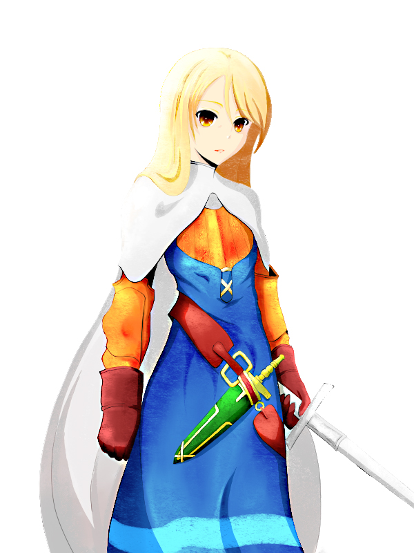 bariten, knight (fft), final fantasy, final fantasy tactics, 1girl, blonde hair, brown eyes, cape, dagger, female focus, knife, knight, long hair, solo, sword, weapon, white background