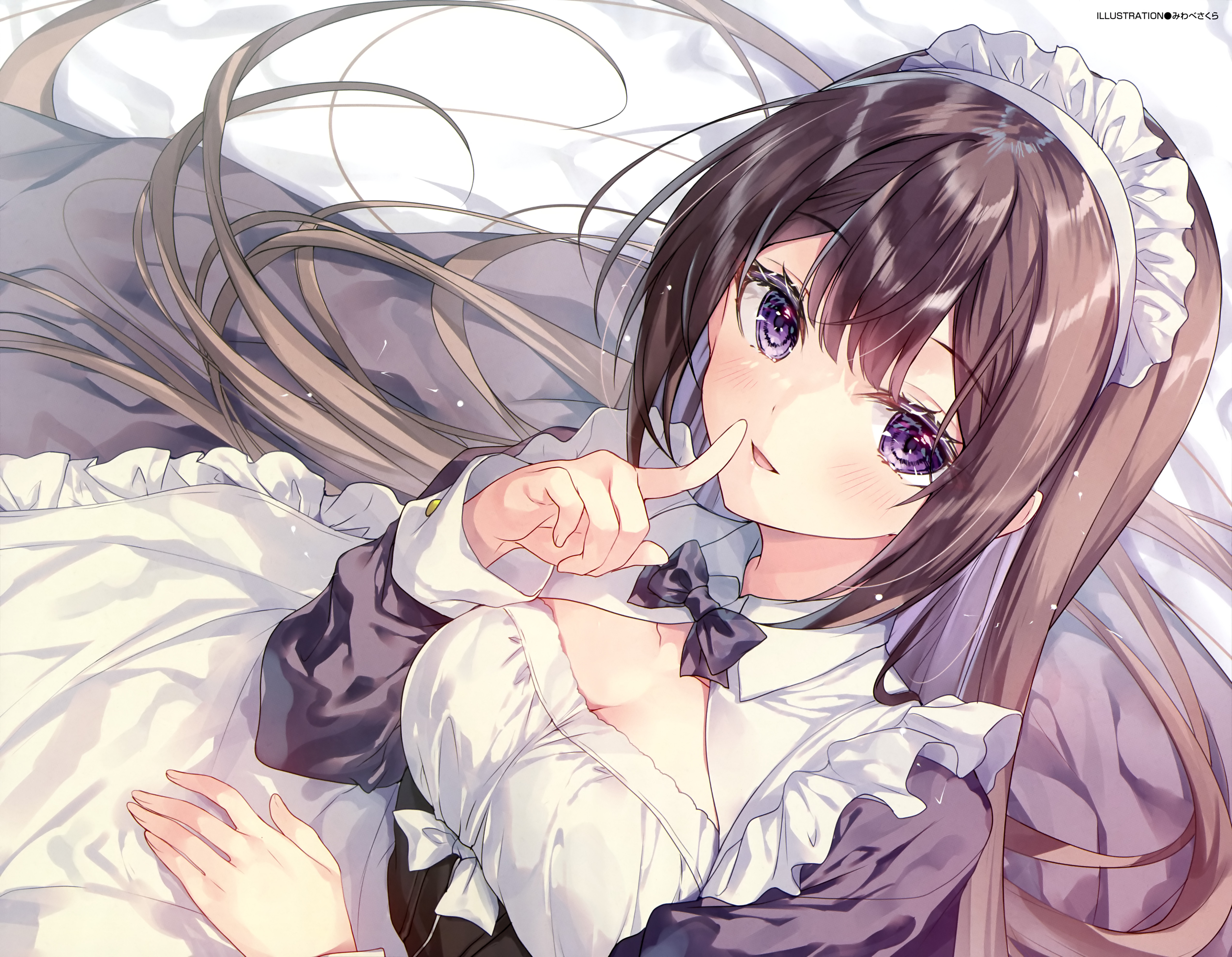 miwabe sakura, dengeki moeoh, original, absurdres, highres, magazine scan, scan, third-party source, 1girl, apron, artist name, bed sheet, black hair, breasts, center-flap bangs, cleavage, collarbone, colored inner hair, double-parted bangs, dutch angle, finger to mouth, frilled apron, frills, from above, hair spread out, light blush, light smile, long hair, long sleeves, looking at viewer, maid, maid apron, maid headdress, medium breasts, multicolored hair, parted lips, partially shaded face, purple eyes, shushing, sidelocks, solo, upper body, white apron