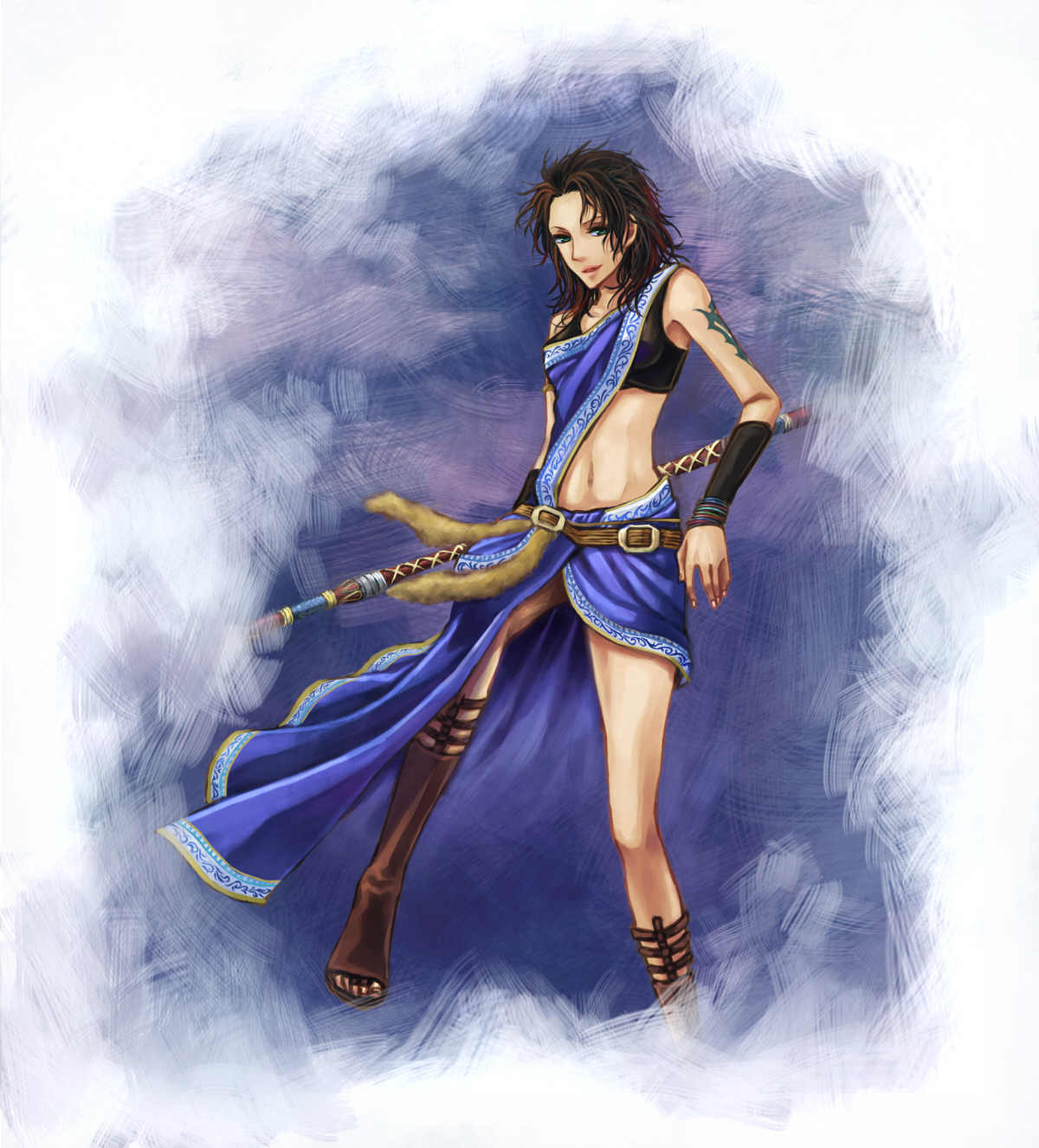 twilightend, oerba yun fang, final fantasy, final fantasy xiii, highres, 10s, bare shoulders, belt, boots, bracelet, brown hair, dark skin, green eyes, jewelry, long hair, midriff, polearm, skirt, spear, tattoo, weapon