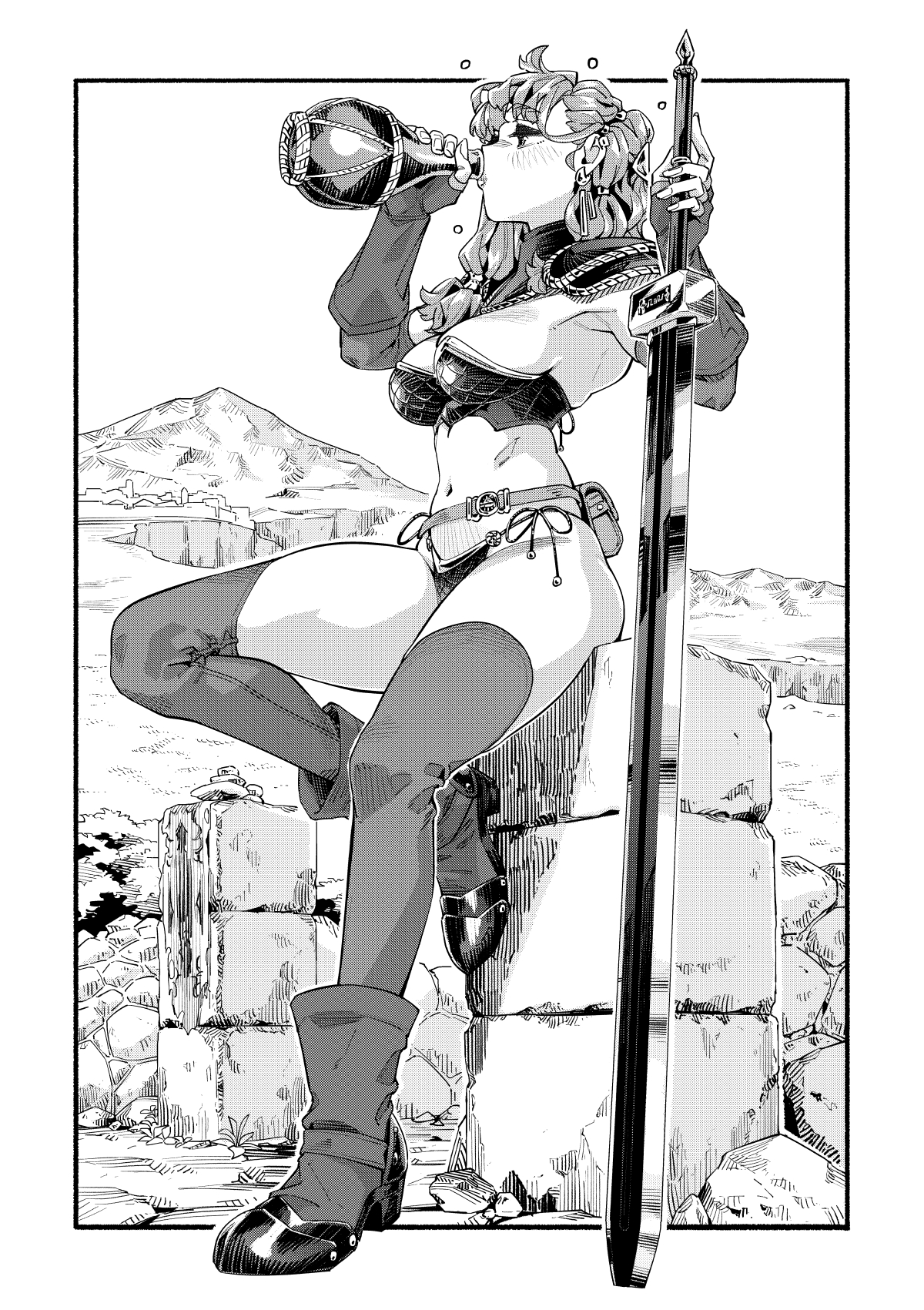 aihara akito, original, commentary request, highres, 1girl, armor, armored boots, armpits, belt, belt pouch, bikini, bikini armor, blush, boots, bottle, breasts, drinking, ear piercing, earrings, elbow gloves, fingerless gloves, full body, gloves, greyscale, hair tie, holding, holding bottle, holding sword, holding weapon, huge weapon, jewelry, long hair, medium breasts, monochrome, mountainous horizon, panties, pauldrons, piercing, pouch, ruins, scale armor, shoulder armor, side-tie bikini bottom, sideboob, swimsuit, sword, thighhighs, underwear, weapon