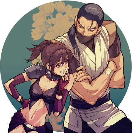 yukitada, hattori hanzo (sengoku musou), kunoichi (sengoku musou), sengoku musou, lowres, 1boy, 1girl, alternate costume, black hair, brown eyes, brown hair, couple, crossed arms, fingerless gloves, gloves, half mask, long hair, mask, midriff, navel, ponytail, scar