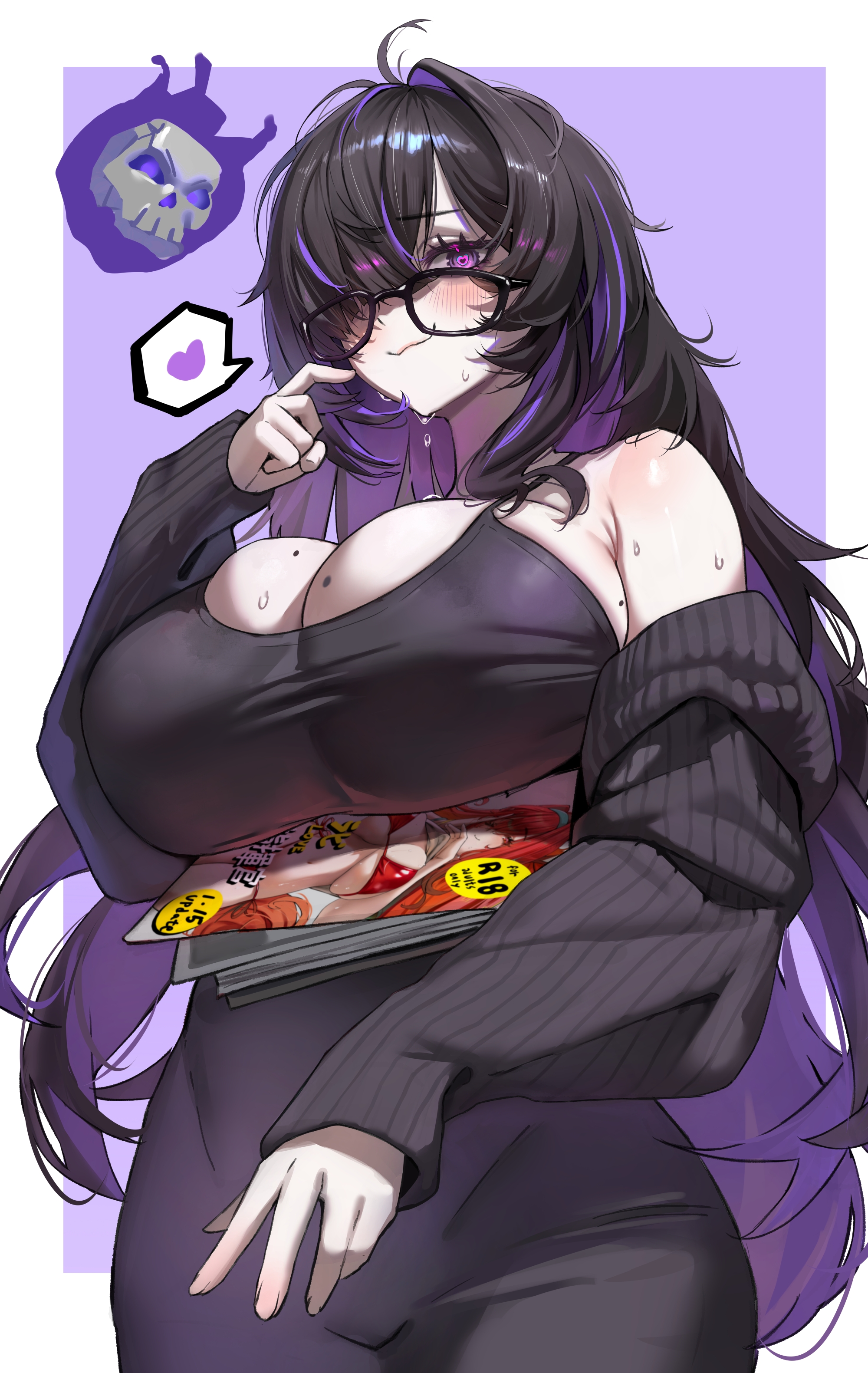 jindogod, label (nikke), rapi (nikke), rapi (red hood) (nikke), goddess of victory: nikke, absurdres, commentary, highres, 1girl, ahoge, bags under eyes, bare shoulders, black-framed eyewear, black cardigan, black dress, black hair, black sweater, blush, border, breasts, cardigan, cardigan partially removed, cleavage, closed mouth, colored inner hair, cowboy shot, dress, from below, glasses, glowing, glowing eye, hair intakes, hair over one eye, heart, heart-shaped pupils, huge breasts, label, long hair, looking at viewer, magazine (object), manga (object), messy hair, mole, mole on breast, multicolored hair, nervous smile, purple background, purple eyes, purple hair, simple background, skull, smile, solo, spoken heart, streaked hair, sweat, sweater, symbol-shaped pupils, taut clothes, taut dress, two-tone hair, very long hair, wavy mouth, white border
