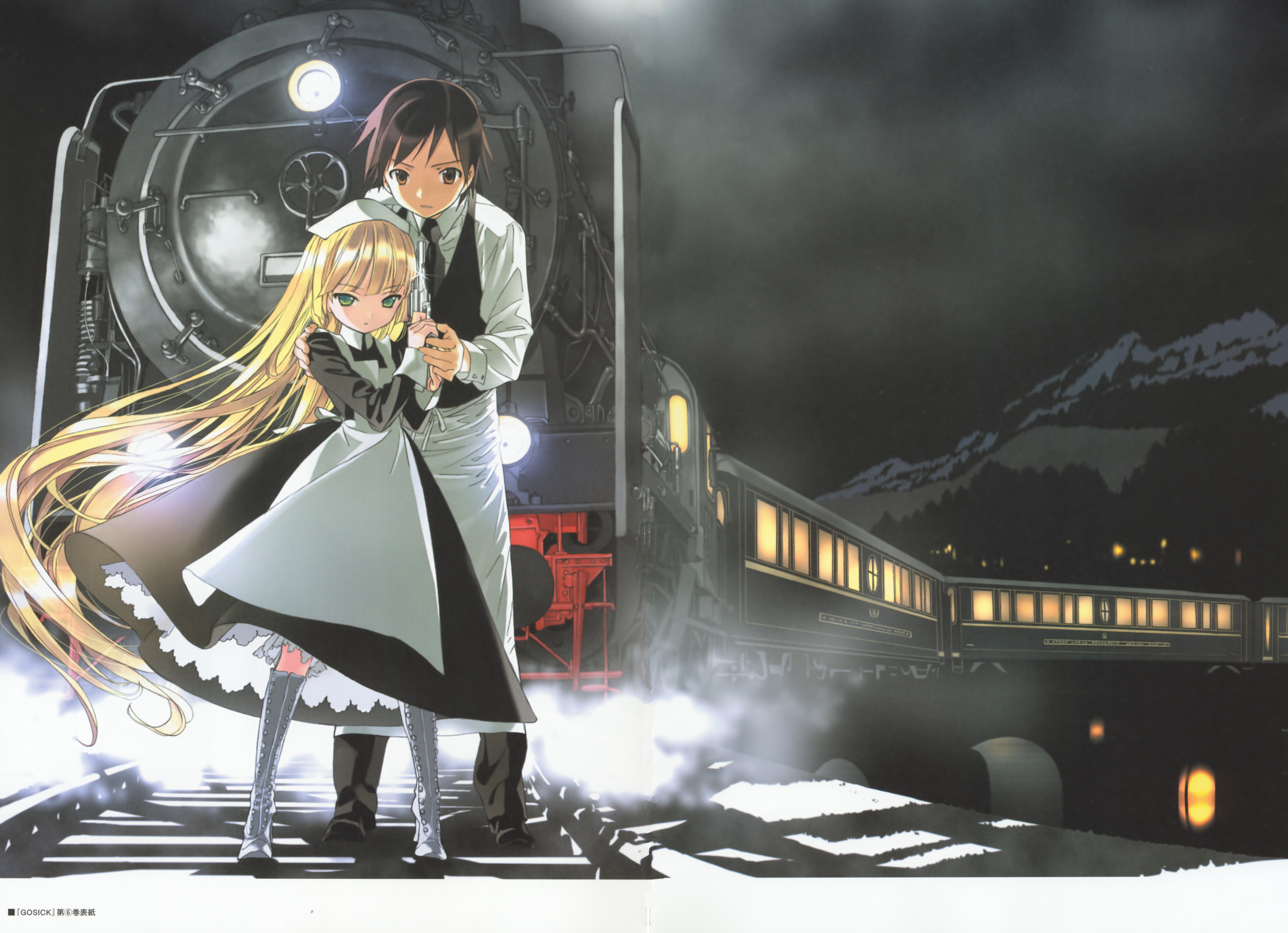 takeda hinata, kujou kazuya, victorica de blois, gosick, absurdres, highres, official art, textless version, 1boy, 1girl, blonde hair, brown eyes, brown hair, dress, flower, frills, goth fashion, gothic lolita, green eyes, gun, hair spread out, handgun, lace, lolita fashion, long hair, maid, night, railway, revolver, short hair, standing, train, very long hair, weapon
