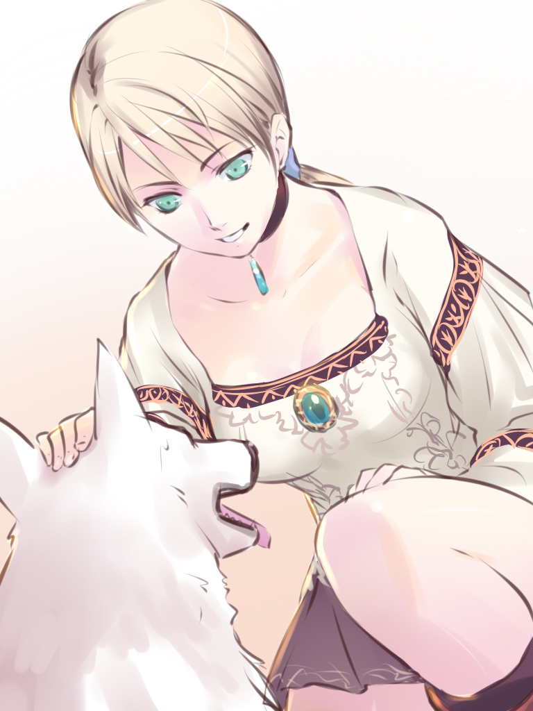 futaba jun, fiona belli, hewie, capcom, demento, 1girl, aqua eyes, blonde hair, blouse, boots, brooch, choker, dog, green eyes, headpat, jewelry, kneeling, miniskirt, ponytail, shirt, skirt