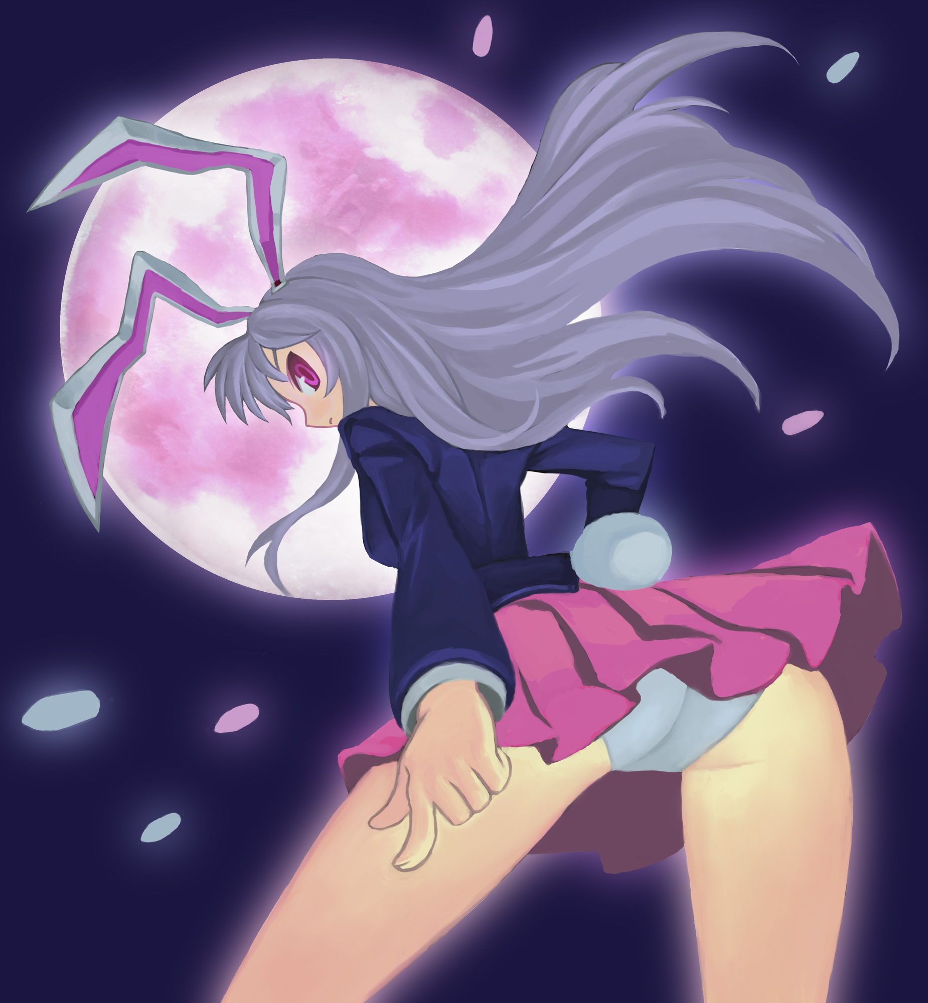 readicalish, reisen udongein inaba, touhou, highres, 1girl, animal ears, ass, blazer, crescent moon, female focus, finger gun, full moon, gradient background, jacket, long hair, miniskirt, moon, night, outdoors, panties, pantyshot, purple hair, rabbit ears, rabbit girl, rabbit tail, red eyes, skirt, sky, solo, tail, underwear