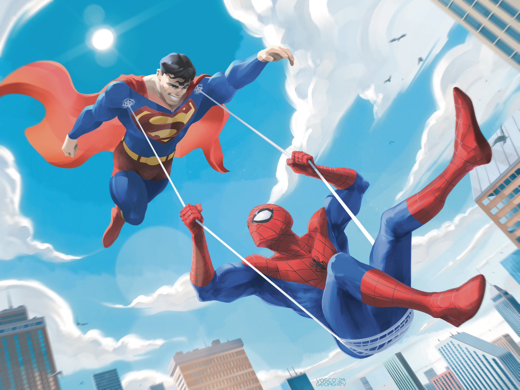 vasco georgiev, peter parker, spider-man, superman, dc comics, marvel, spider-man (series), superman (series), commentary, english commentary, highres, making-of available, 2boys, blue sky, blurry, blurry background, cape, city, cloud, crossover, day, flying, grin, lens flare, male focus, mask, multiple boys, muscular, muscular male, outdoors, red cape, short hair, sky, smile, spider web print, superhero costume, superman logo, swing, western comics (style)