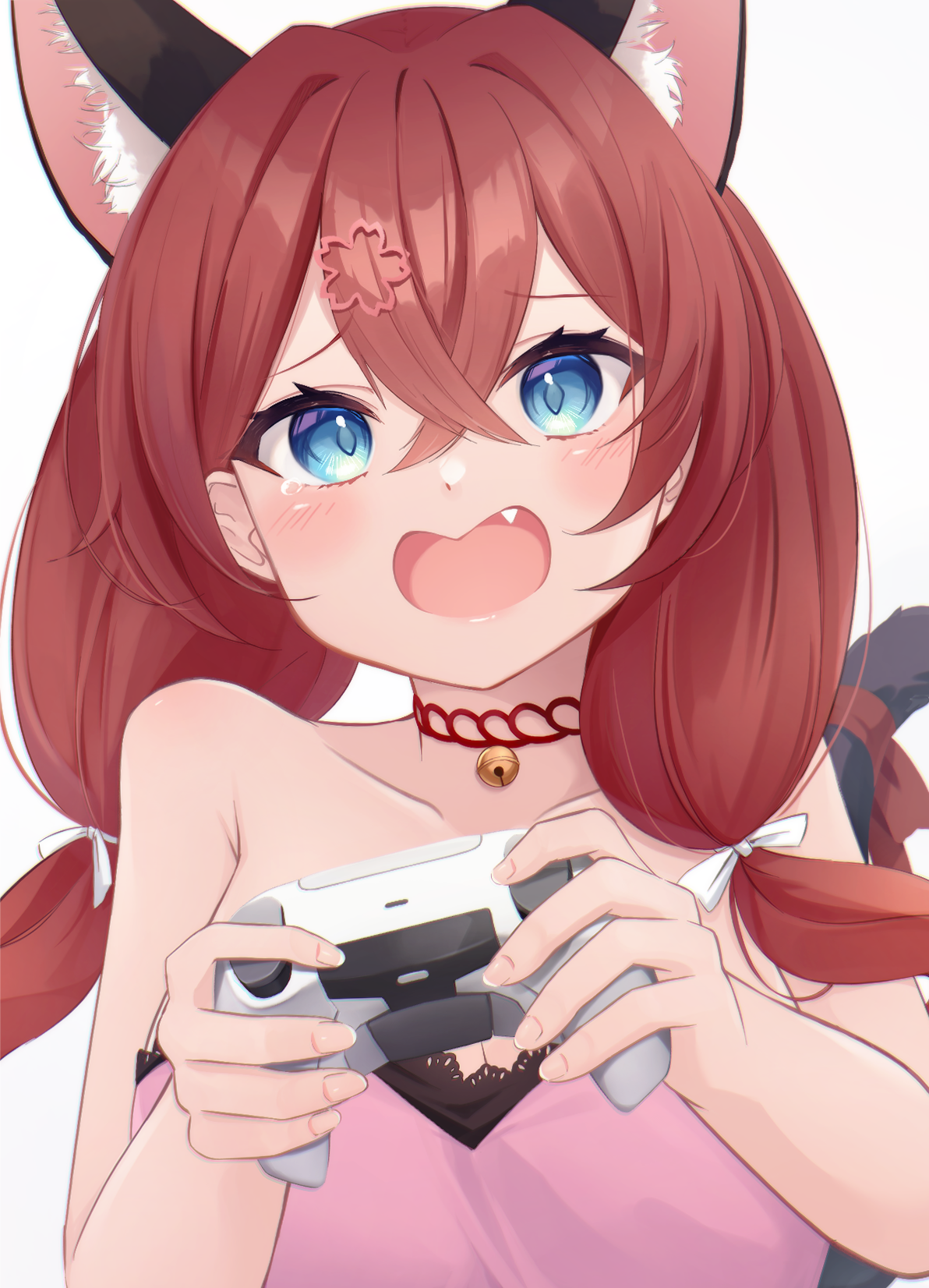 hot kakigoori, izumo yui, indie virtual youtuber, commentary request, highres, 1girl, animal ear fluff, animal ears, bare arms, bare shoulders, bell, blue eyes, brown hair, cat ears, cat girl, cat tail, collarbone, controller, dress, fang, game controller, hair between eyes, holding, jingle bell, long hair, low twintails, neck bell, open mouth, pink dress, simple background, solo, strapless, strapless dress, tail, twintails, upper body, virtual youtuber, wavy mouth, white background