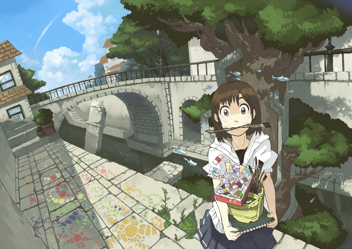 imoman, 1girl, art brush, bridge, brown eyes, brown hair, bucket, canal, cloud, day, female focus, fish, mouth hold, notebook, paint, paintbrush, river, short hair, skirt, sky, solo, tree